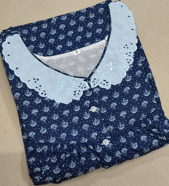 Cotton Pleated, With Pockets, Half Open Xlarge Printed Nighty