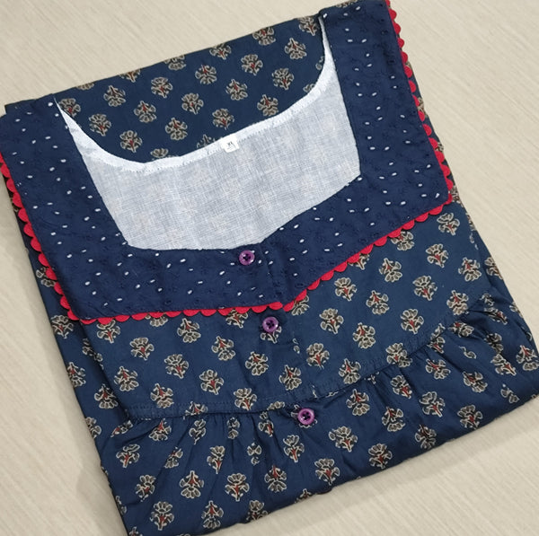 Cotton Pleated, With Pockets, Half Open Xlarge Printed Nighty