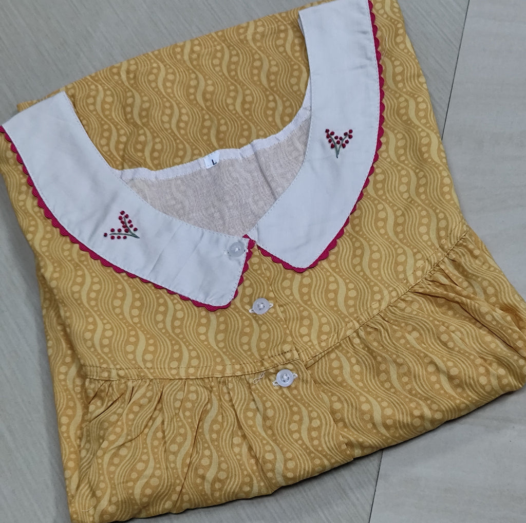 Cotton Pleated, With Pockets, Half Open Large Printed Nighty