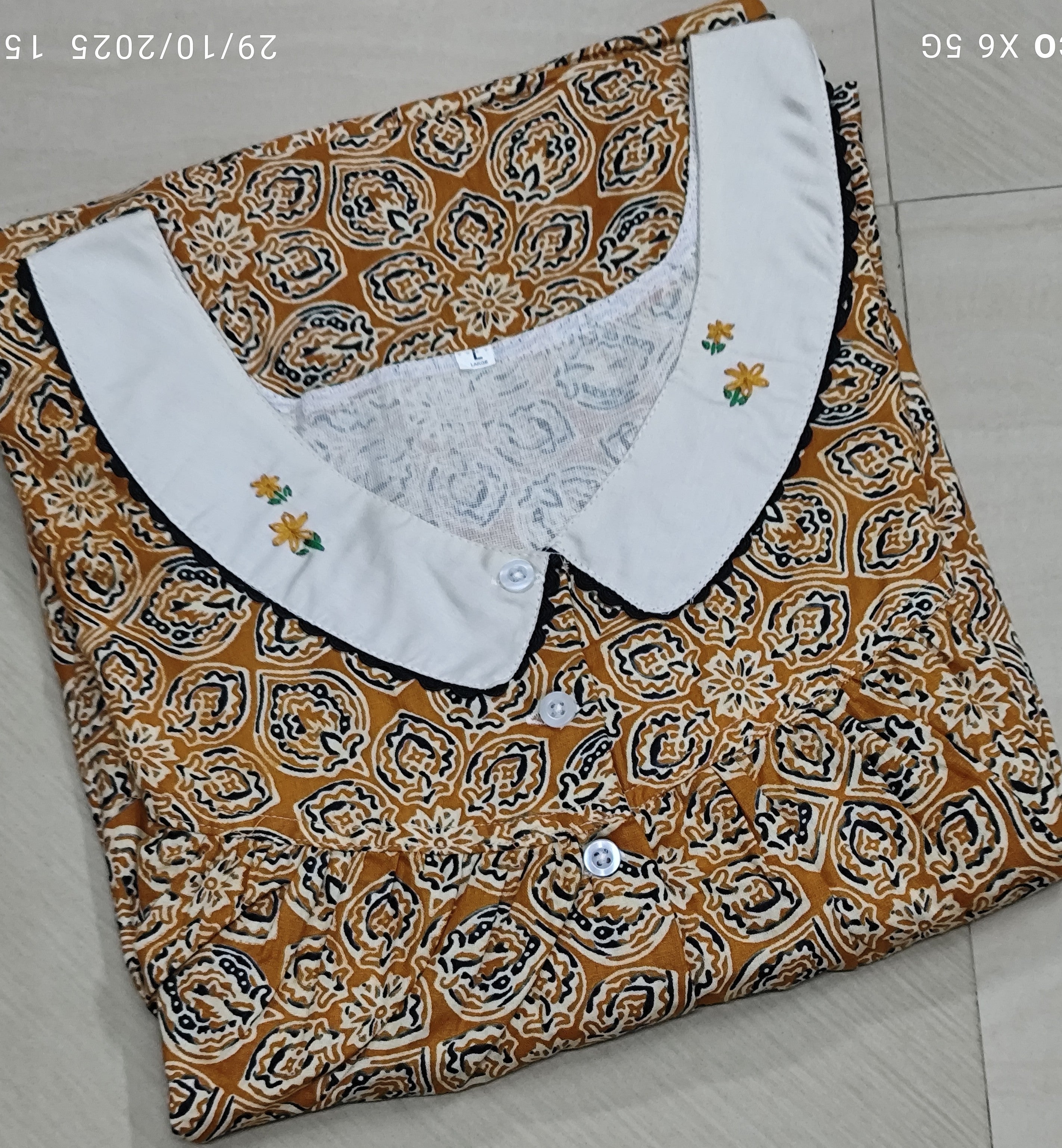 Soft Cotton Pleated, With Pockets, Half Open Large Printed Nighty