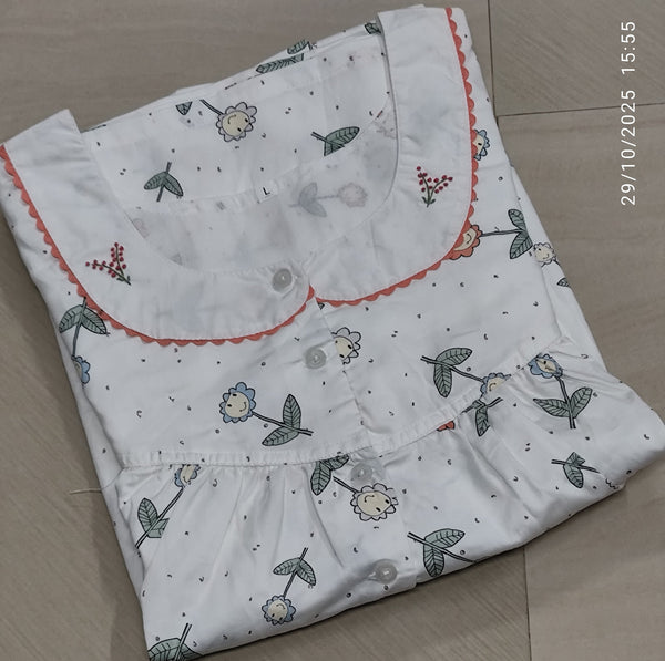 Cotton Pleated, With Pockets, Half Open Large Printed Nighty