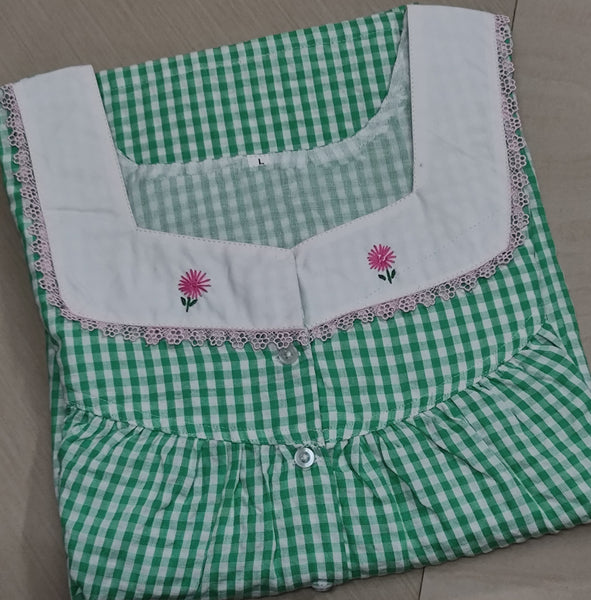 Cotton Pleated, With Pockets, Half Open Large Printed Nighty