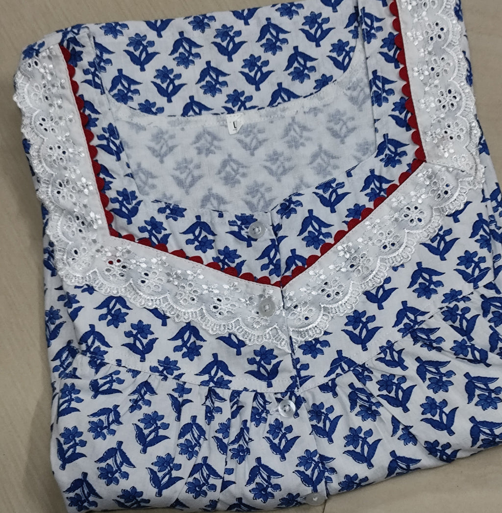 Cotton Pleated, With Pockets, Half Open Large Printed Nighty