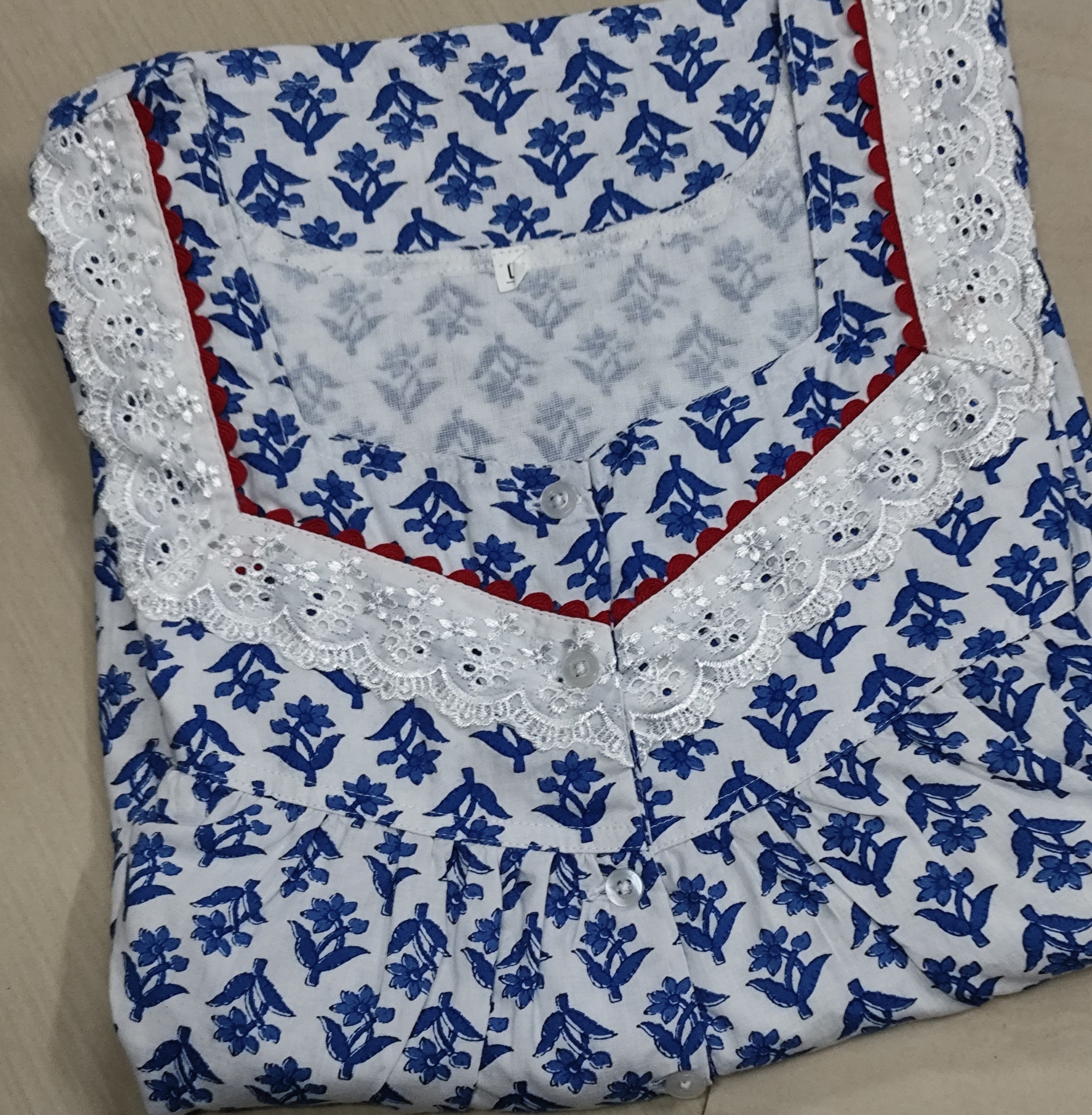 Cotton Pleated, With Pockets, Half Open Large Printed Nighty