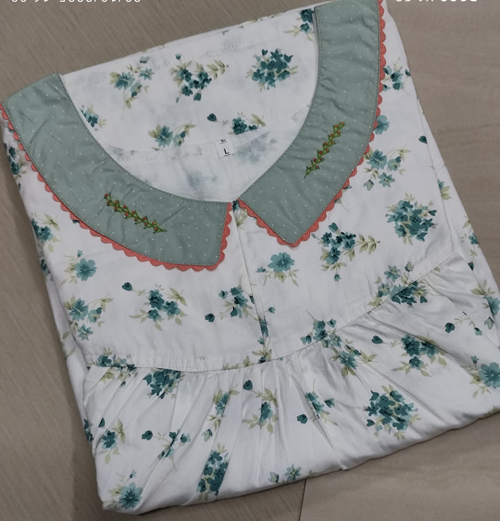 Cotton Pleated, With Pockets, Half Open Large Printed Nighty