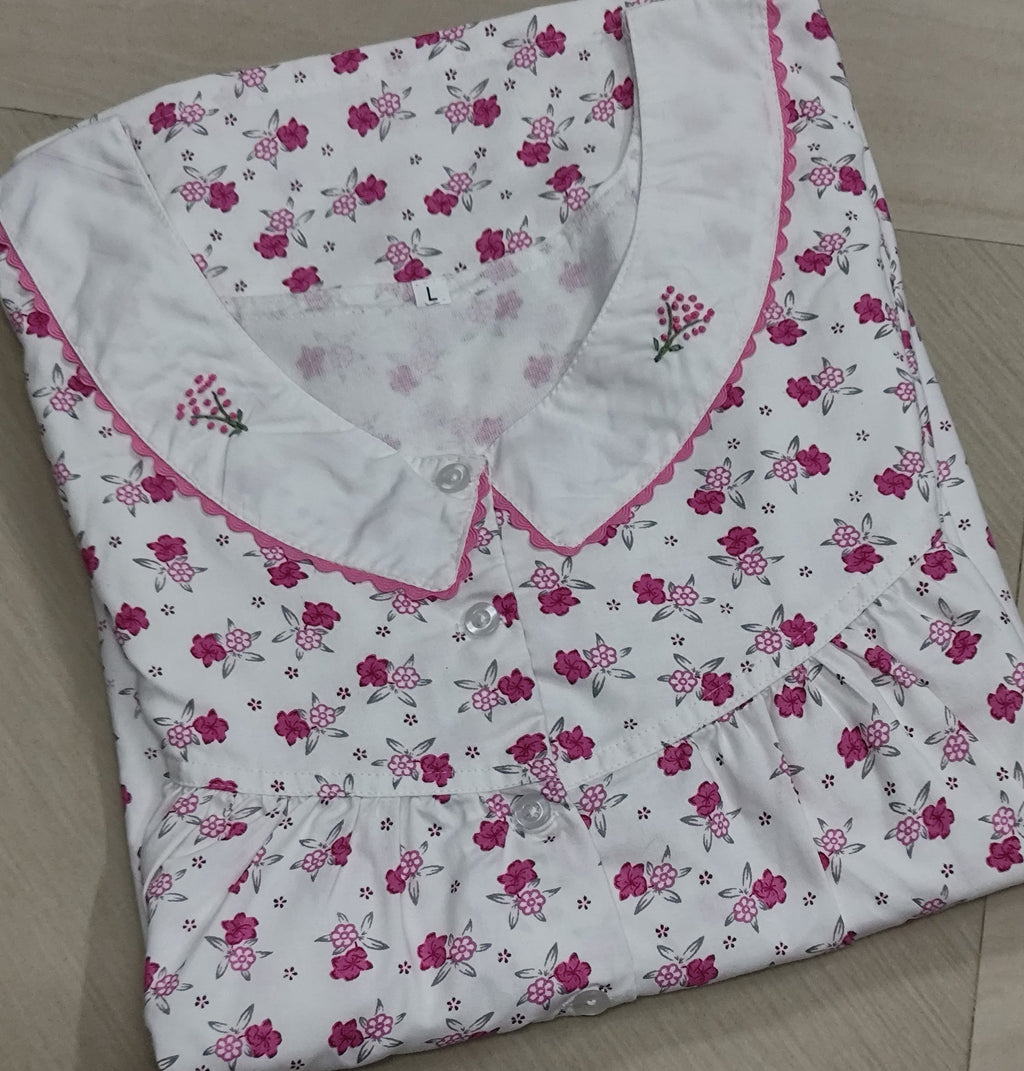 Cotton Pleated, With Pockets, Half Open Large Printed Nighty
