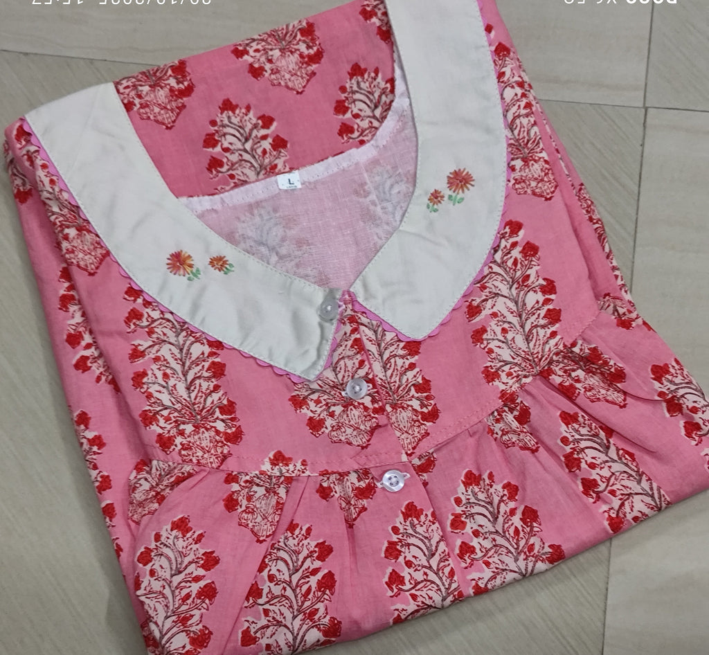 Cotton Pleated, With Pockets, Half Open Large Printed Nighty