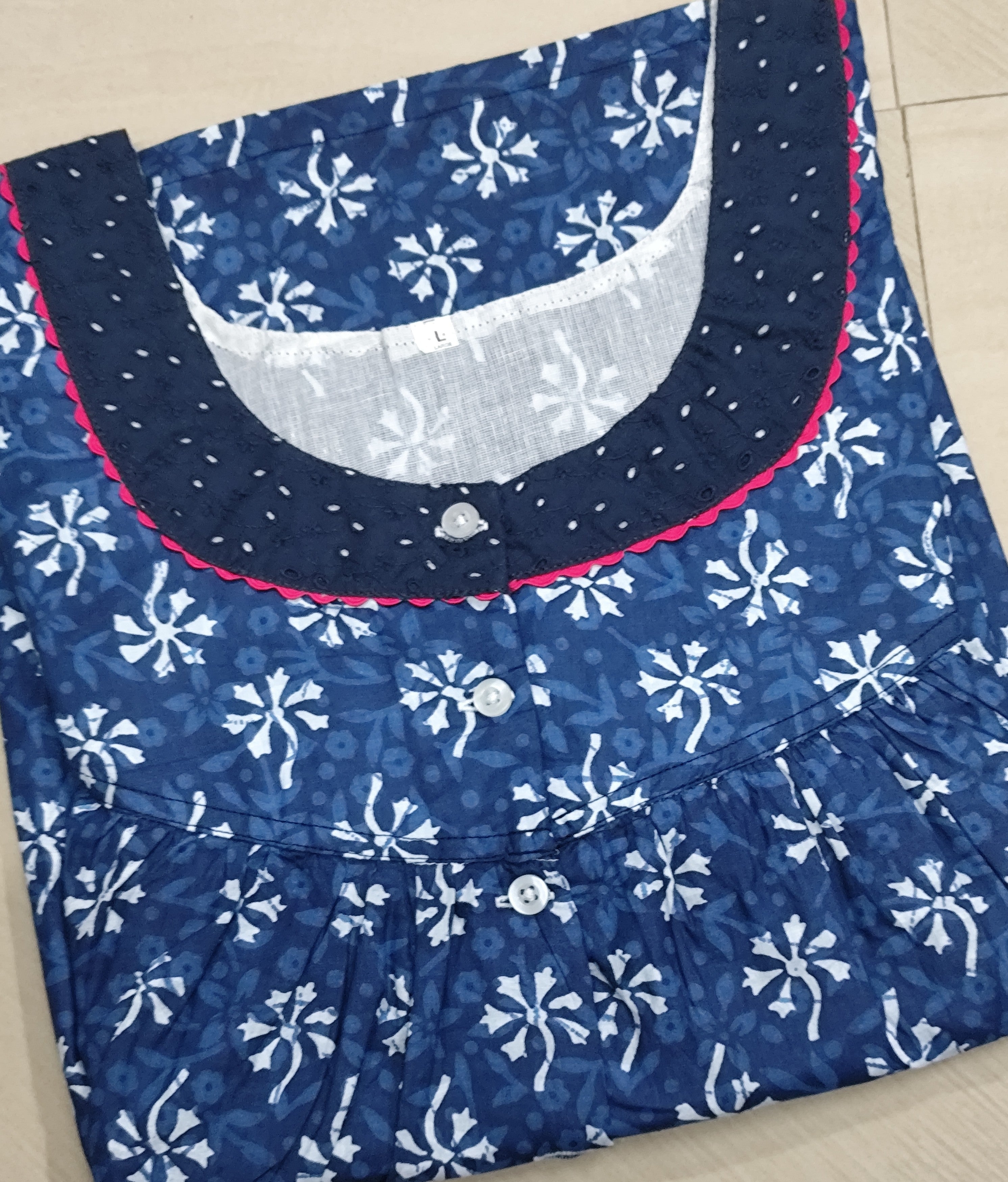 Soft Cotton Pleated, With Pockets, Half Open Large Printed Nighty