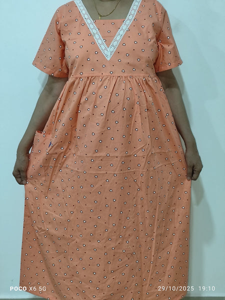 Cotton Side zip, With Pockets, Back A-line, Side elastic Large Printed Frock Nighty