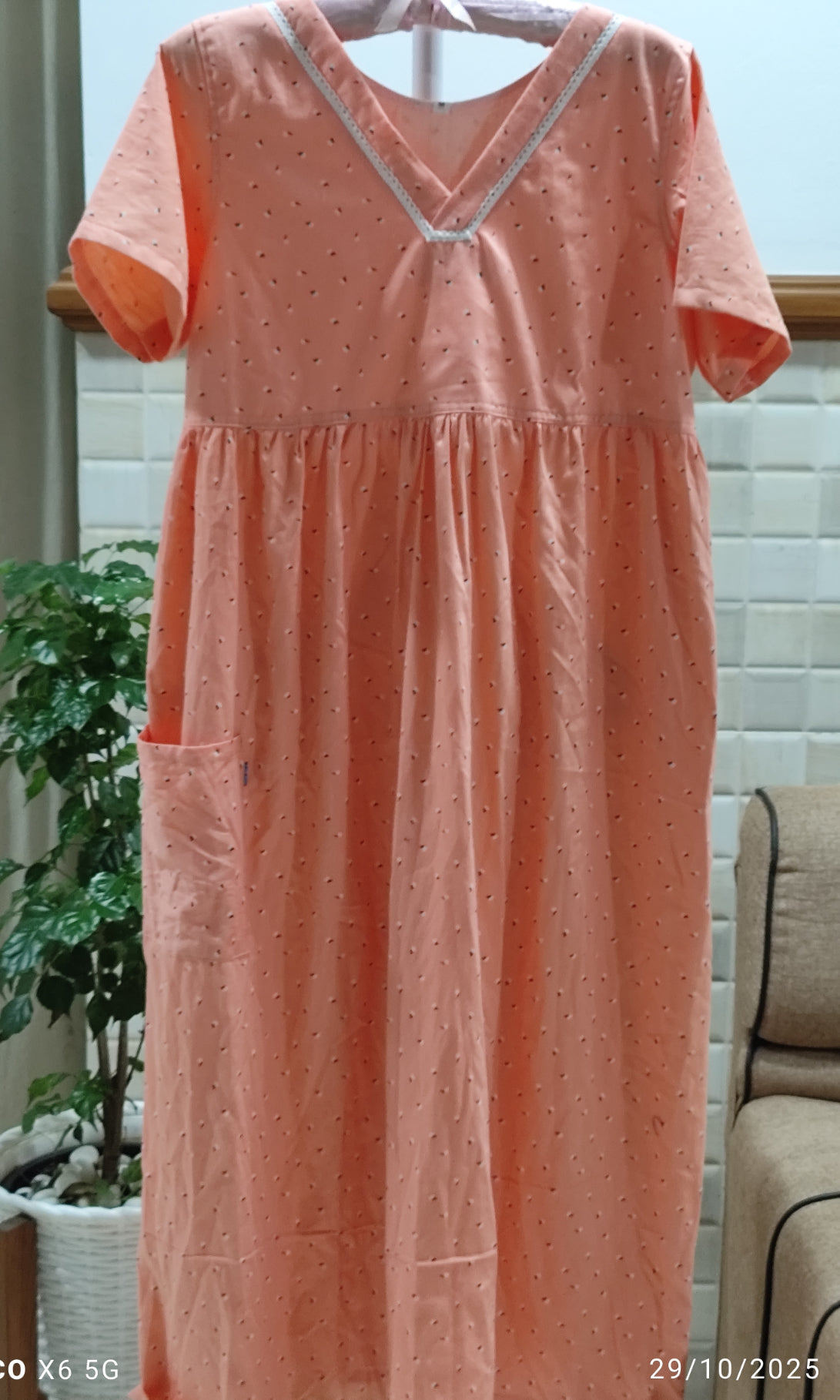 Cotton With Pockets, Back A-line, Side elastic Medium Printed Frock Nighty
