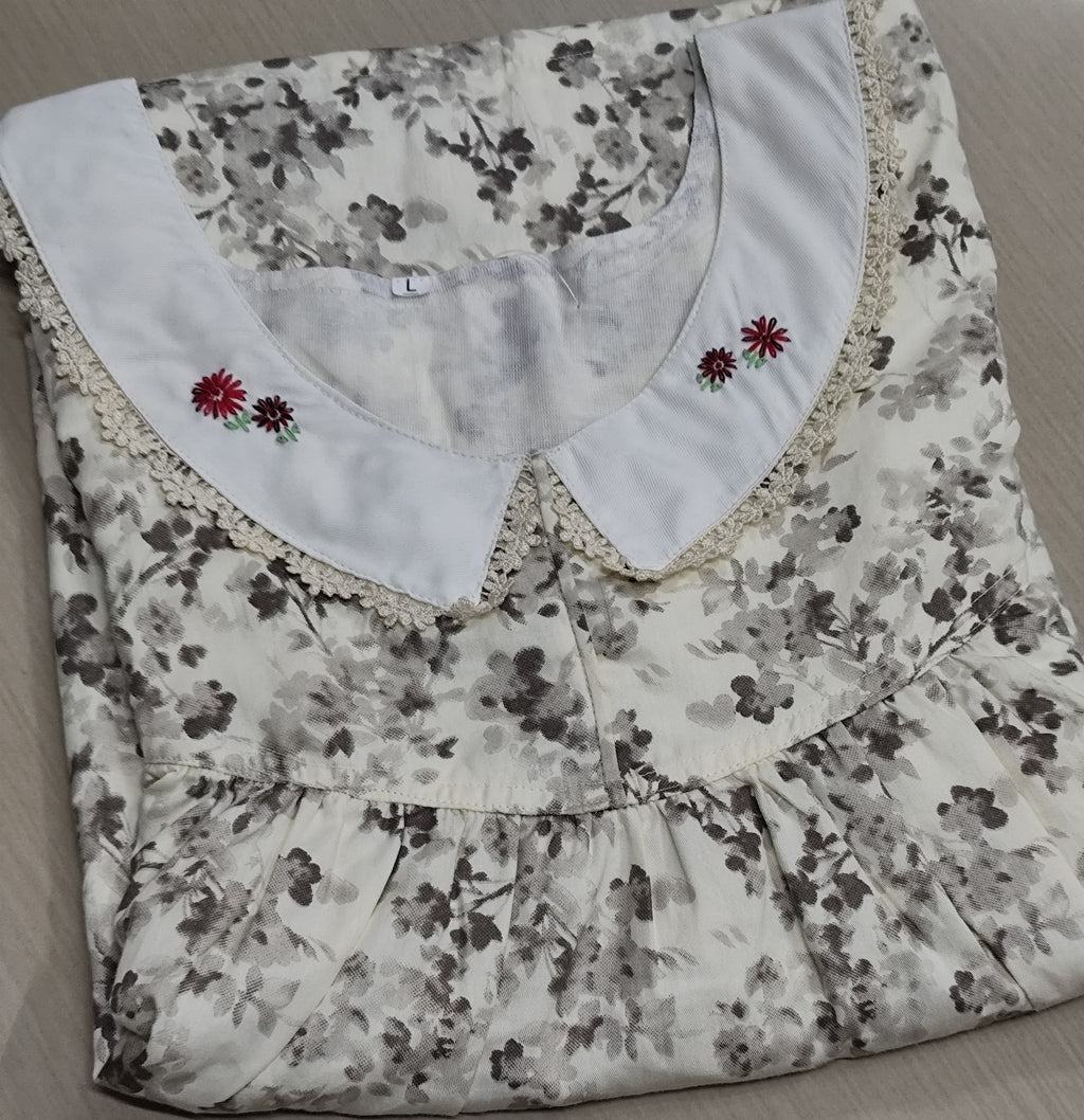 Cotton Pleated, With Pockets, No Open Large Printed Nighty