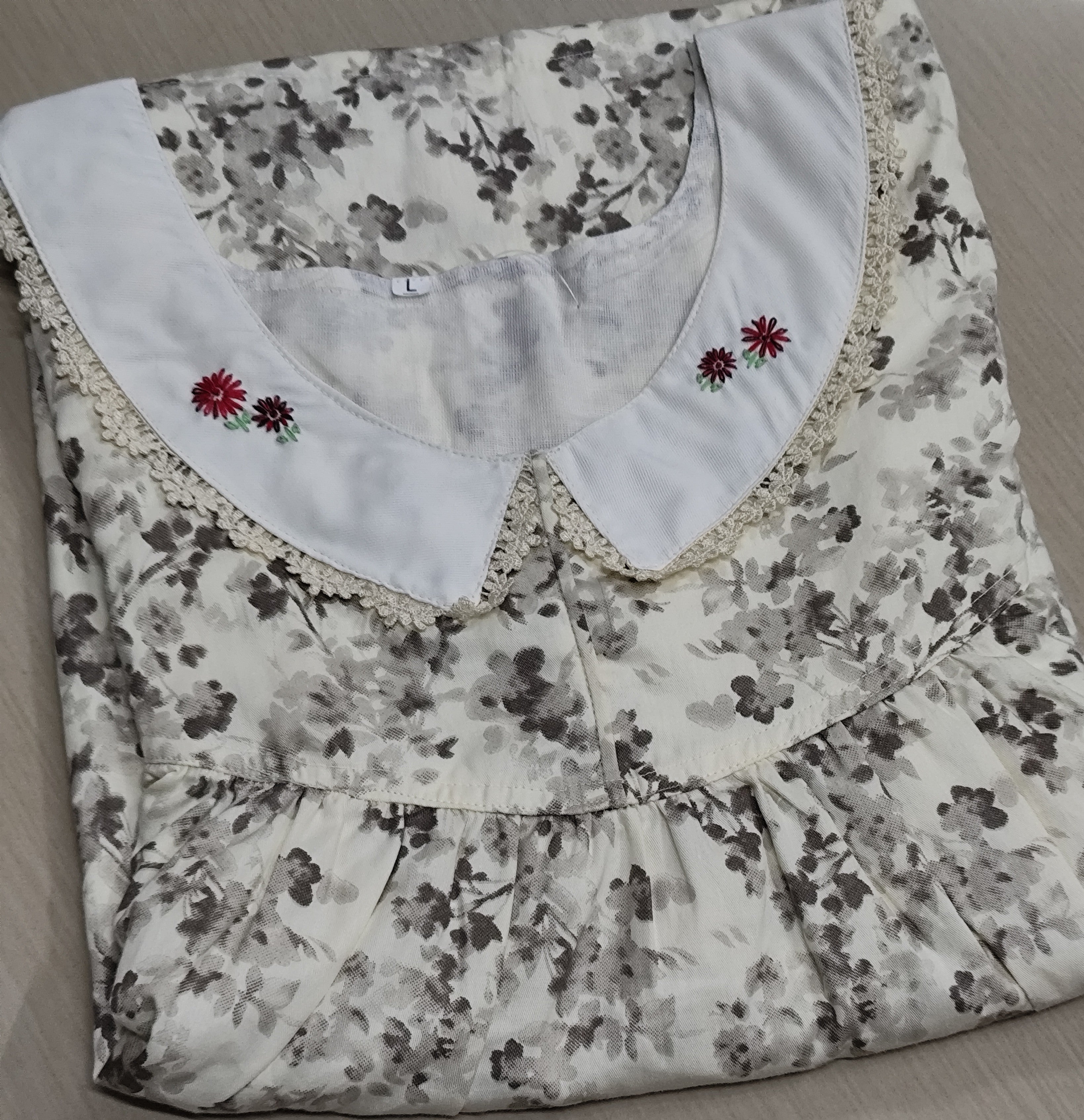 Cotton Pleated, With Pockets, No Open Large Printed Nighty