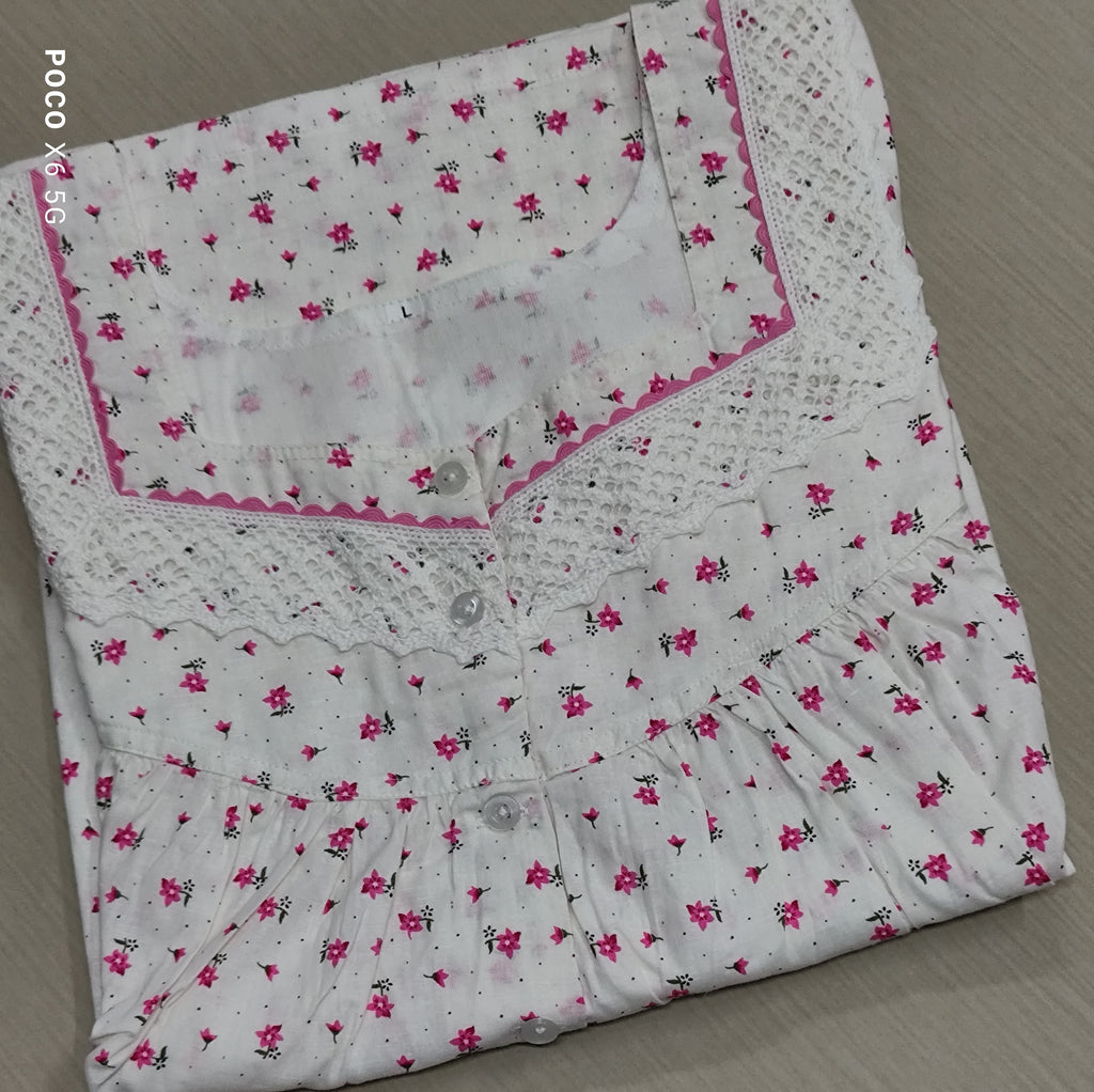Cotton Pleated, With Pockets, Half Open Large Printed Nighty
