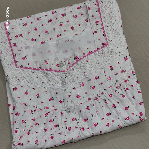 Cotton Pleated, With Pockets, Half Open Large Printed Nighty