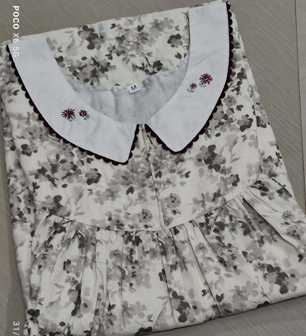 Cotton Pleated, With Pockets, Half Open Medium Printed Nighty