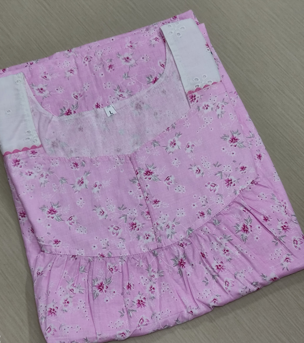 Soft Cotton Pleated, With Pockets, No Open Large Printed Nighty