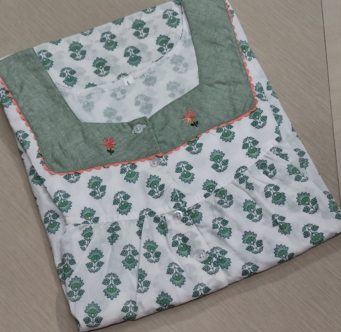 Soft Cotton Pleated, With Pockets, Half Open Large Printed Nighty