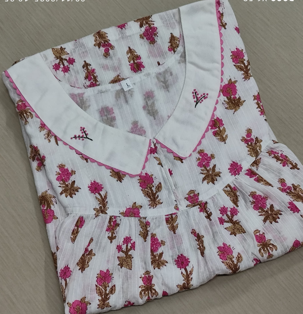 Soft Cotton Pleated, With Pockets, No Open Large Printed Nighty