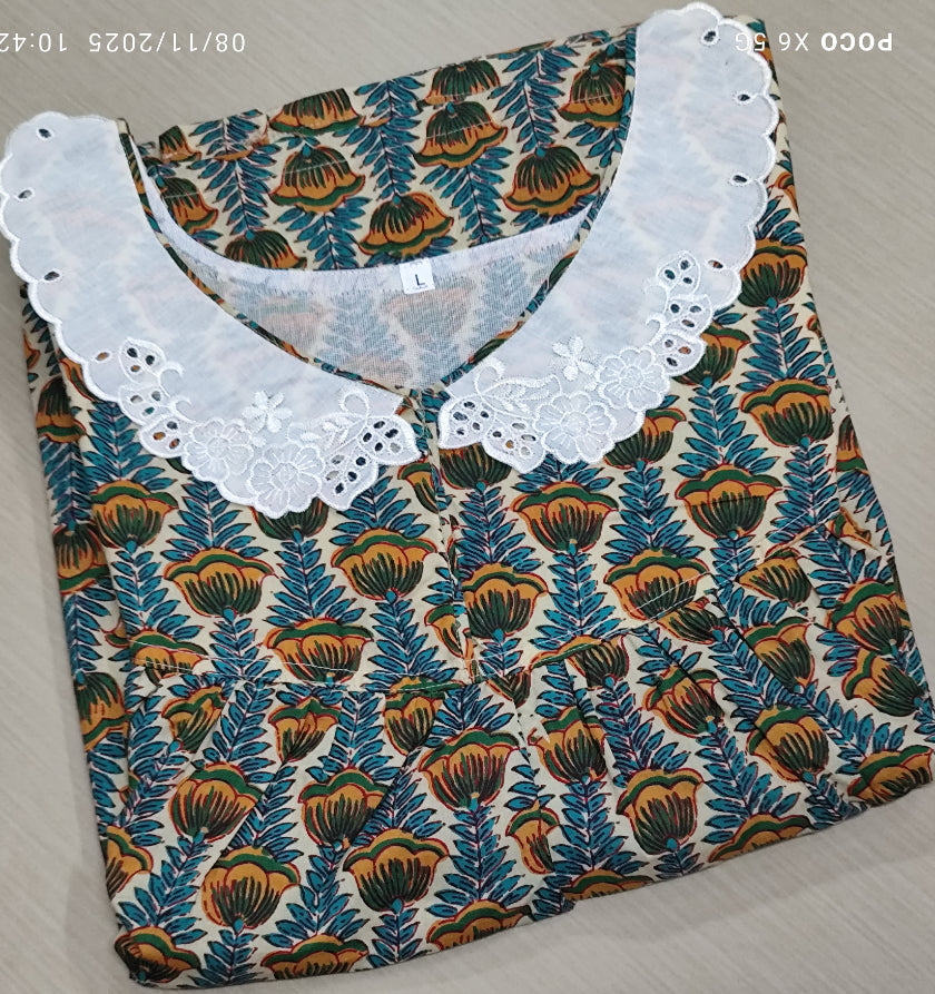 Soft Cotton Pleated, With Pockets, No Open Large Printed Nighty
