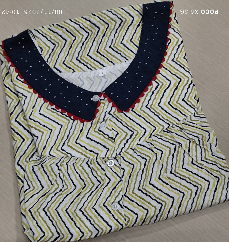 Soft Cotton Pleated, With Pockets, Half Open Large Printed Nighty