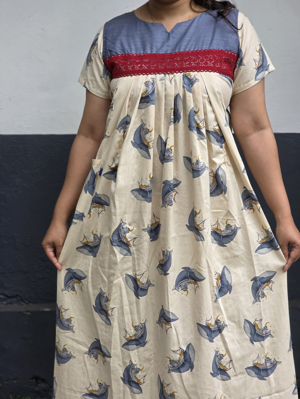 Cotton Pleated, Side zip, With Pockets, Back A-line, Side elastic Large Printed Maternity Wear