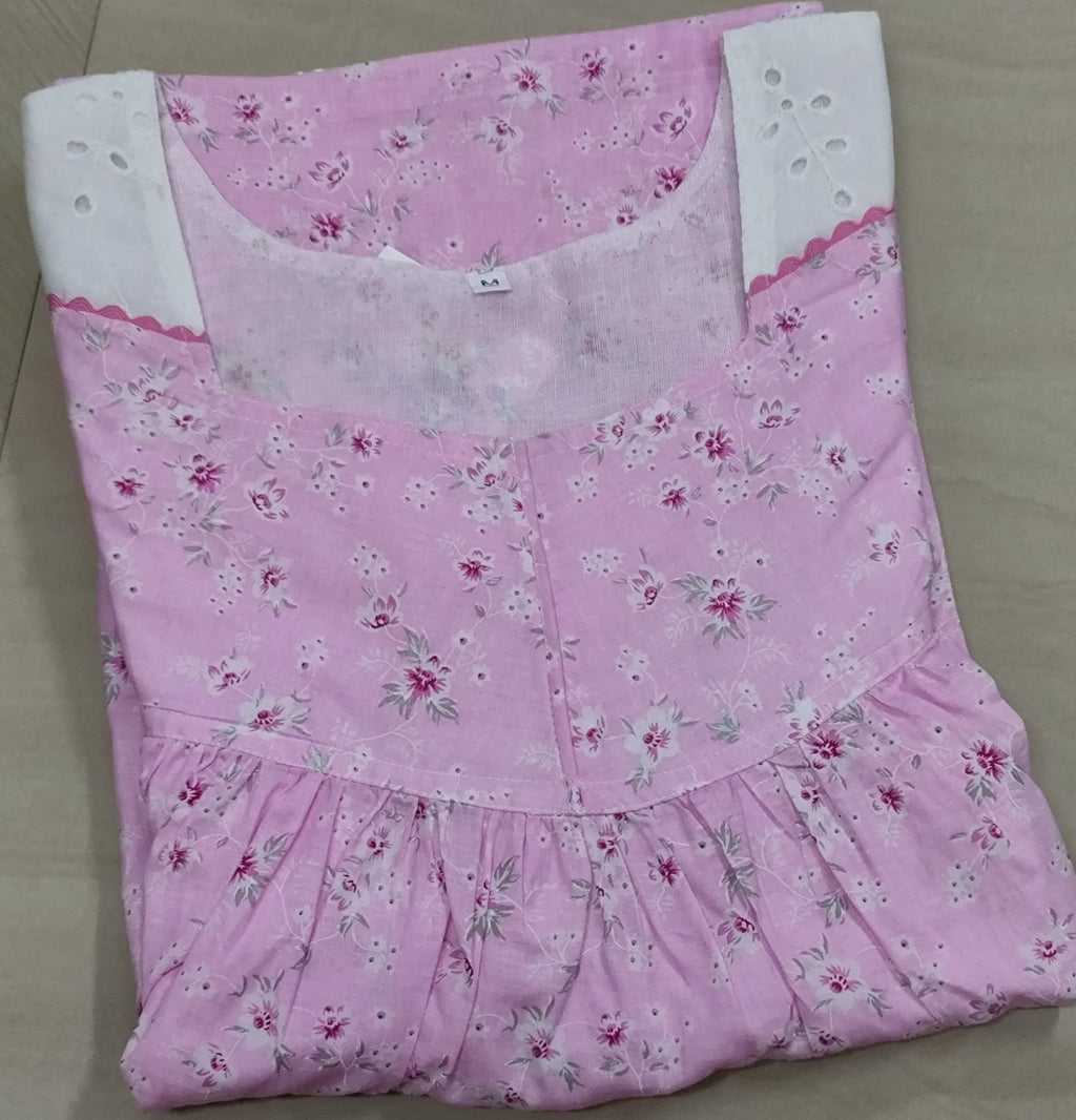 Soft Cotton Pleated, With Pockets, No Open Medium Printed Nighty