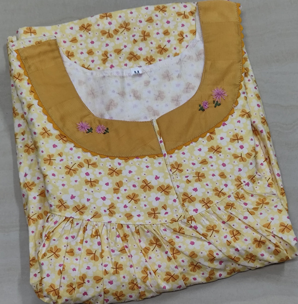 Soft Cotton Pleated, With Pockets, No Open Medium Printed Nighty