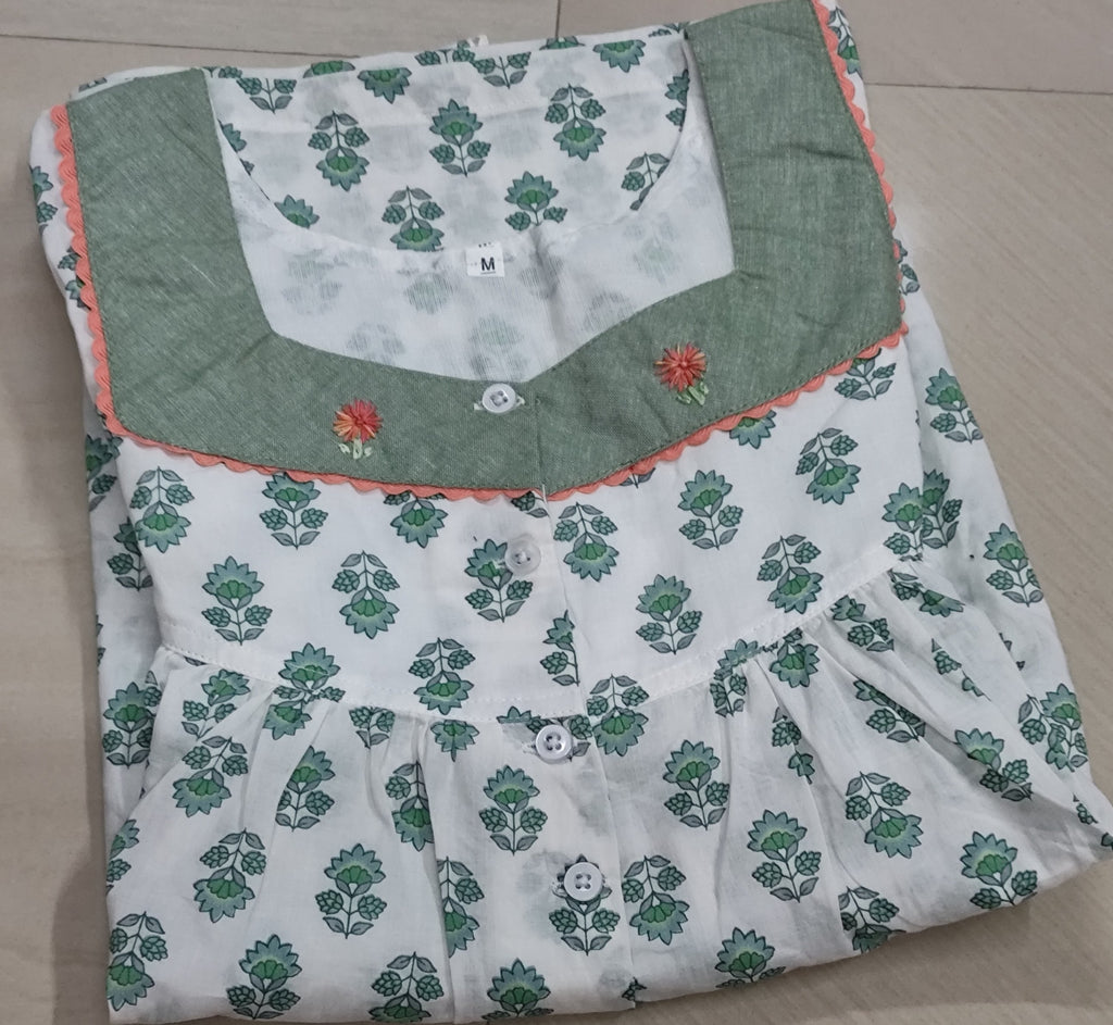 Soft Cotton Pleated, With Pockets, Half Open Medium Printed Nighty