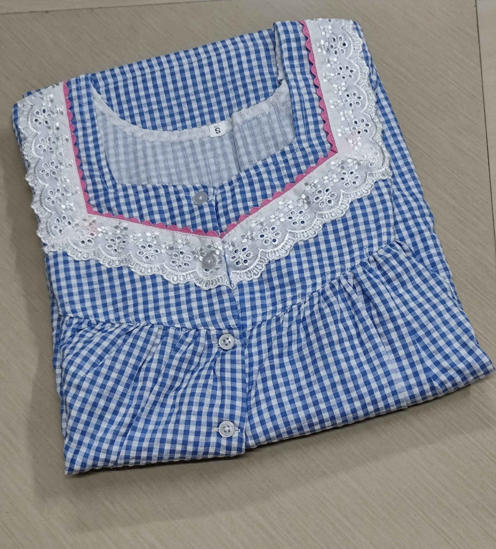 Cotton Pleated, With Pockets, Half Open Small Printed Nighty