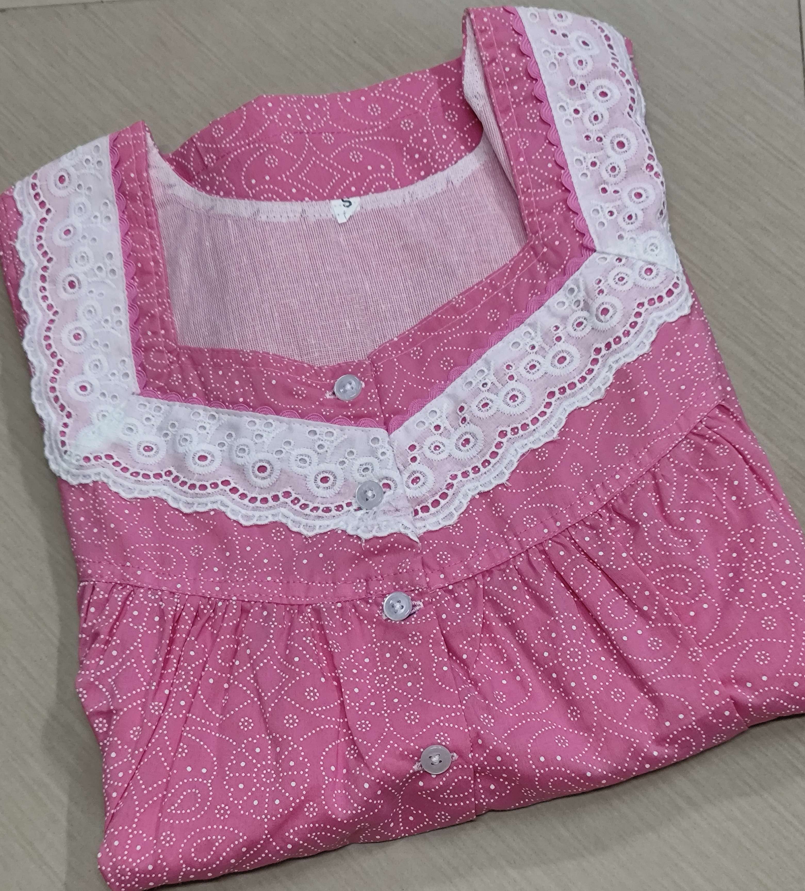 Cotton Pleated, With Pockets, Half Open Small Printed Nighty
