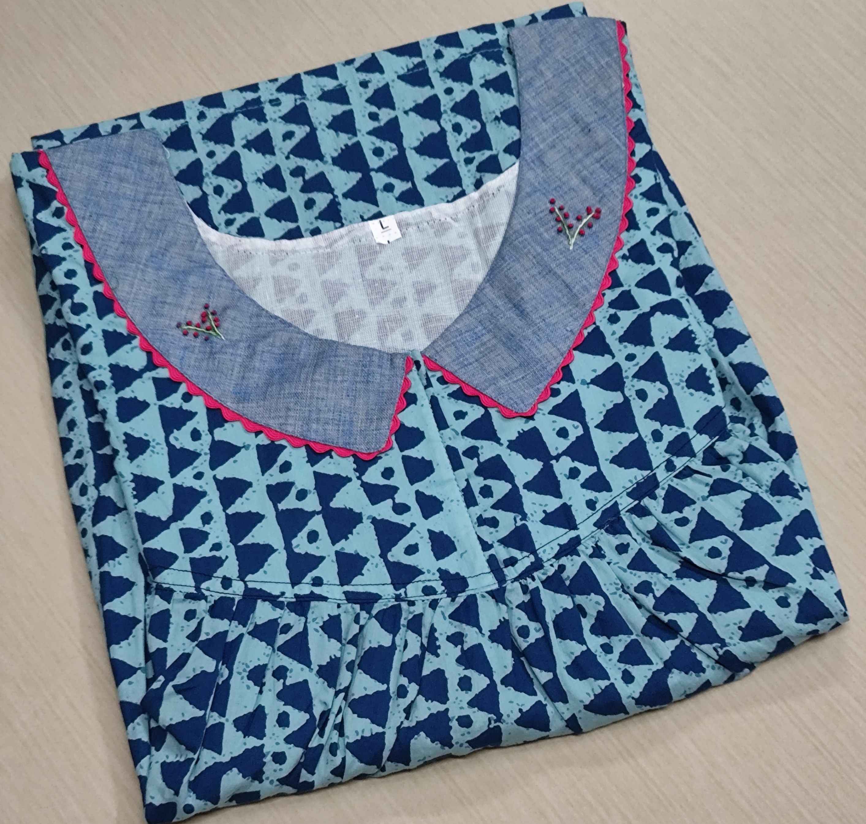 Cotton Pleated, With Pockets, No Open Large Printed Nighty