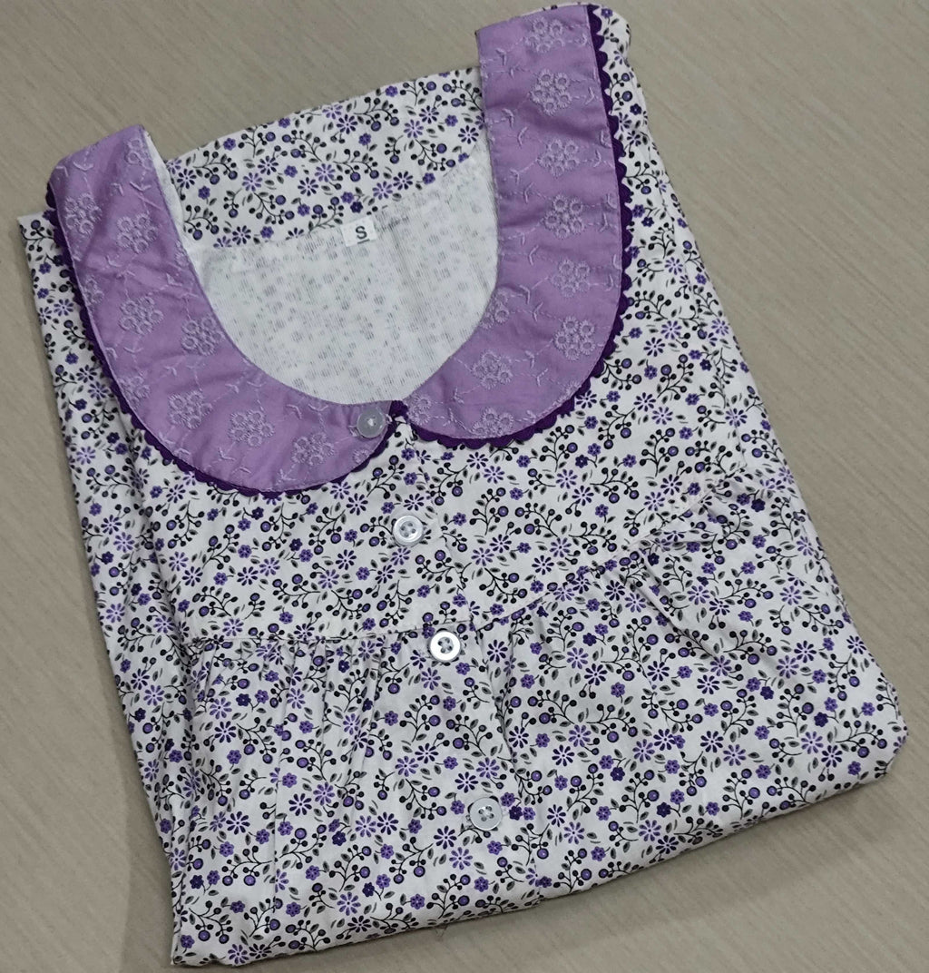 Cotton Pleated, With Pockets, Half Open Small Printed Nighty