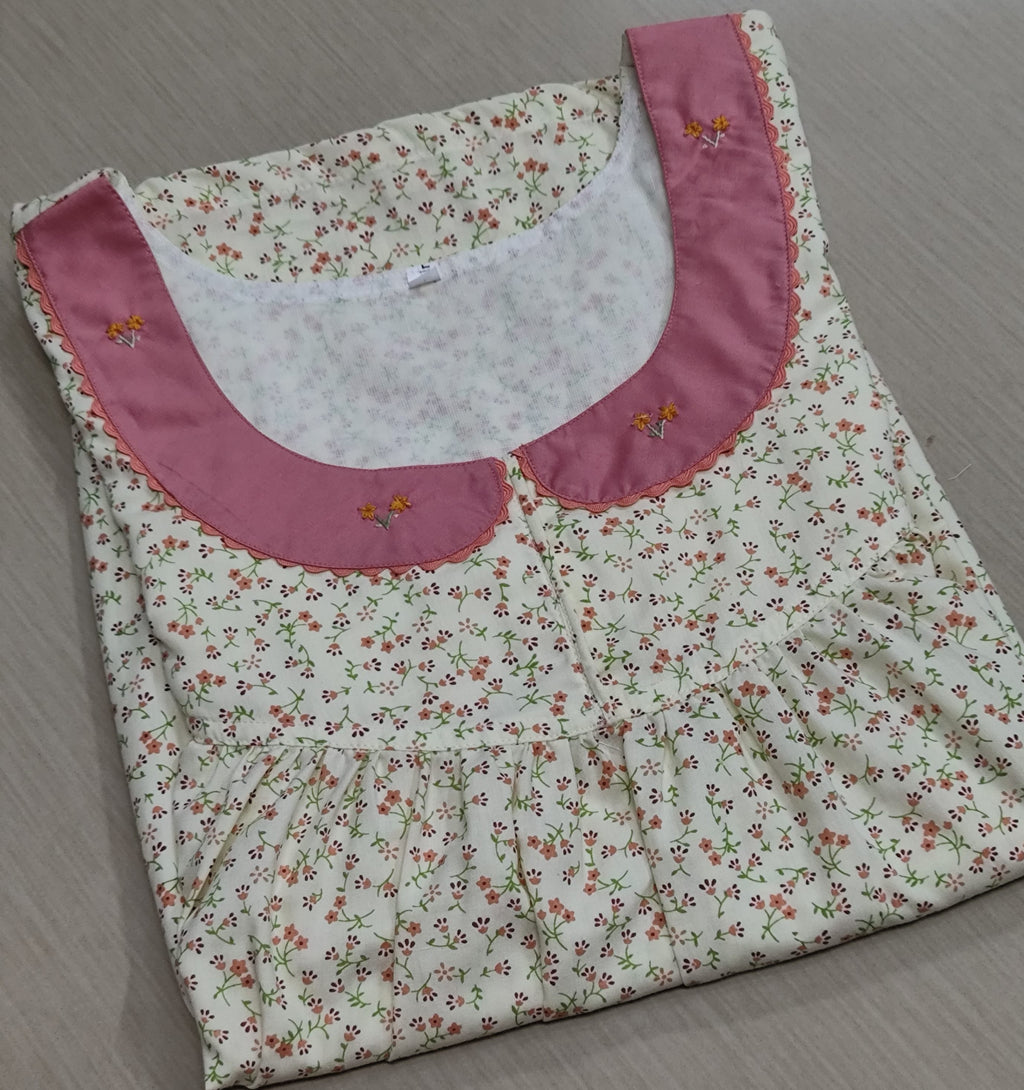Cotton Pleated, With Pockets, No Open Large Printed Nighty