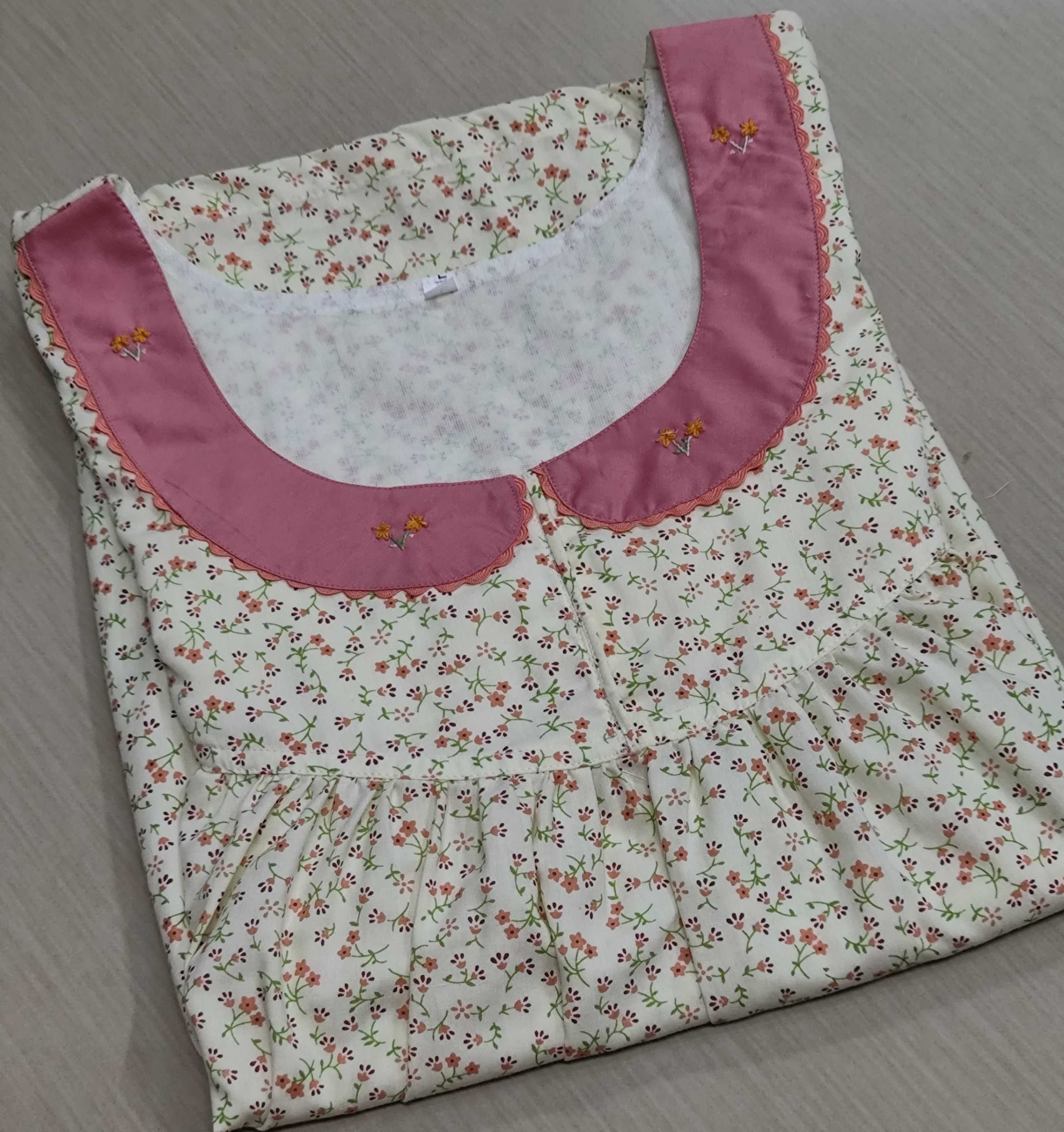 Cotton Pleated, With Pockets, No Open Large Printed Nighty
