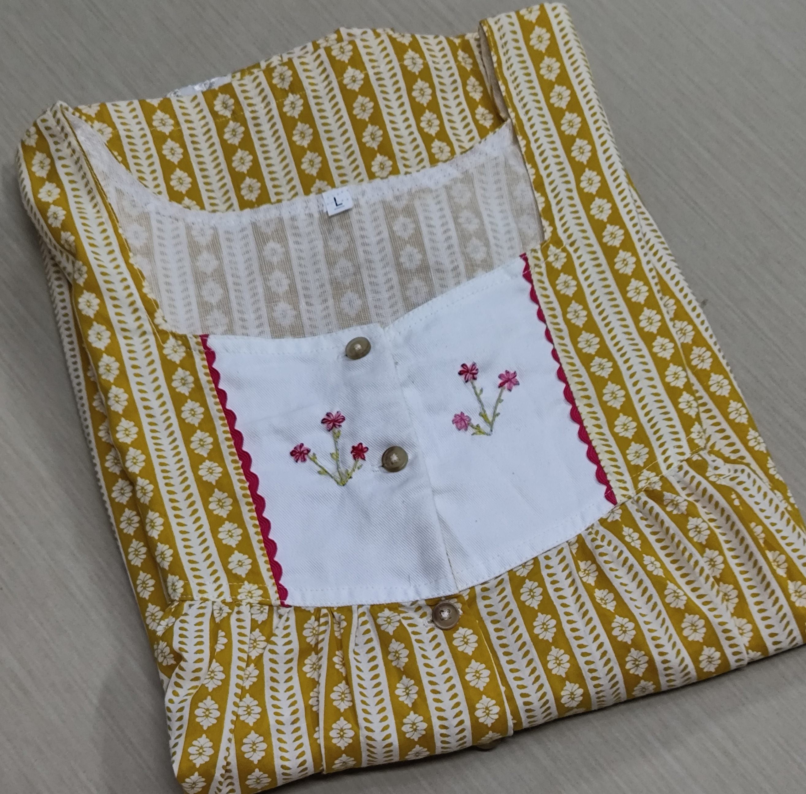 Cotton Pleated, With Pockets, Half Open Large Printed Nighty