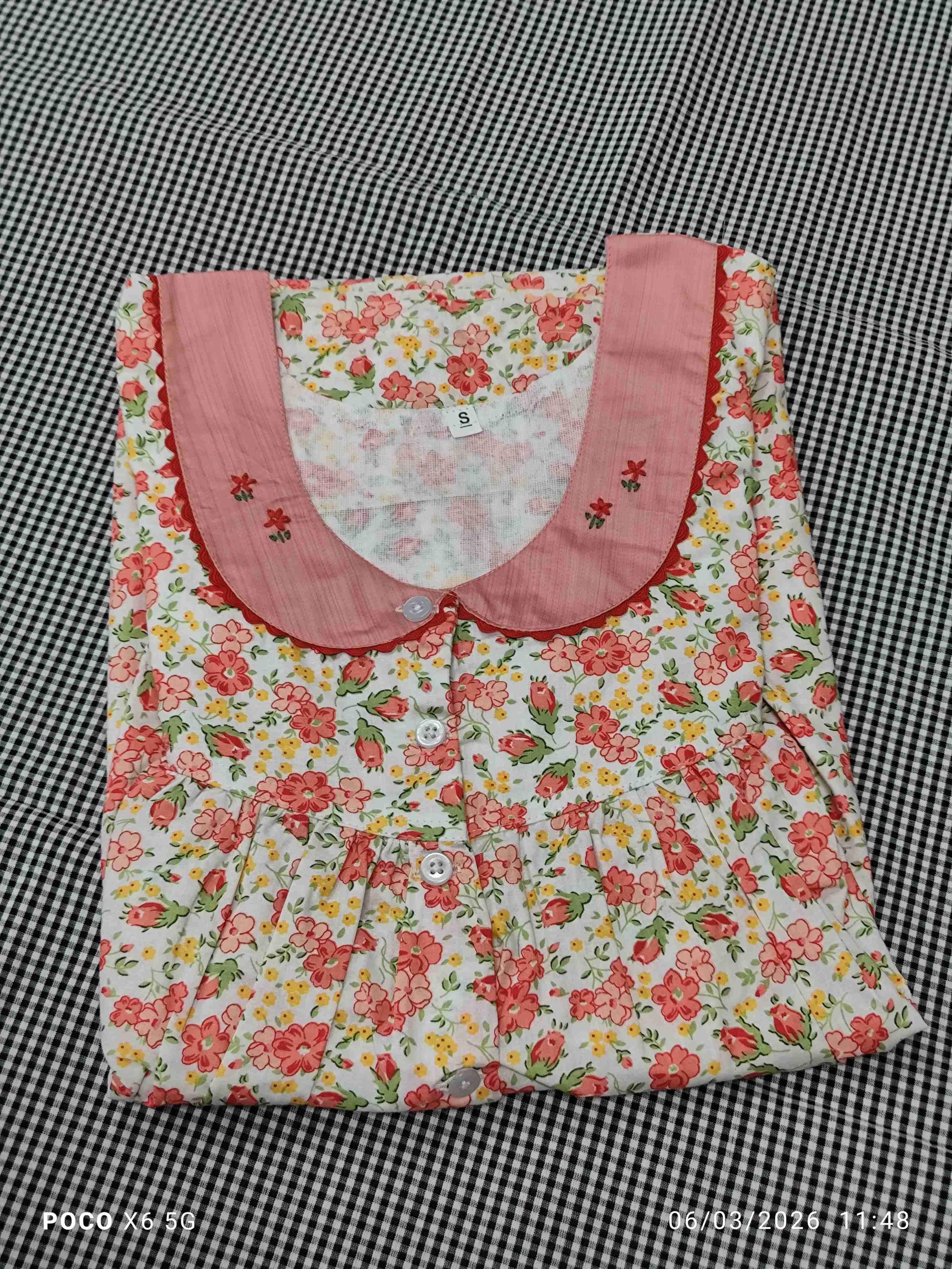 Soft Cotton Pleated, With Pockets, Half Open Small Printed Nighty