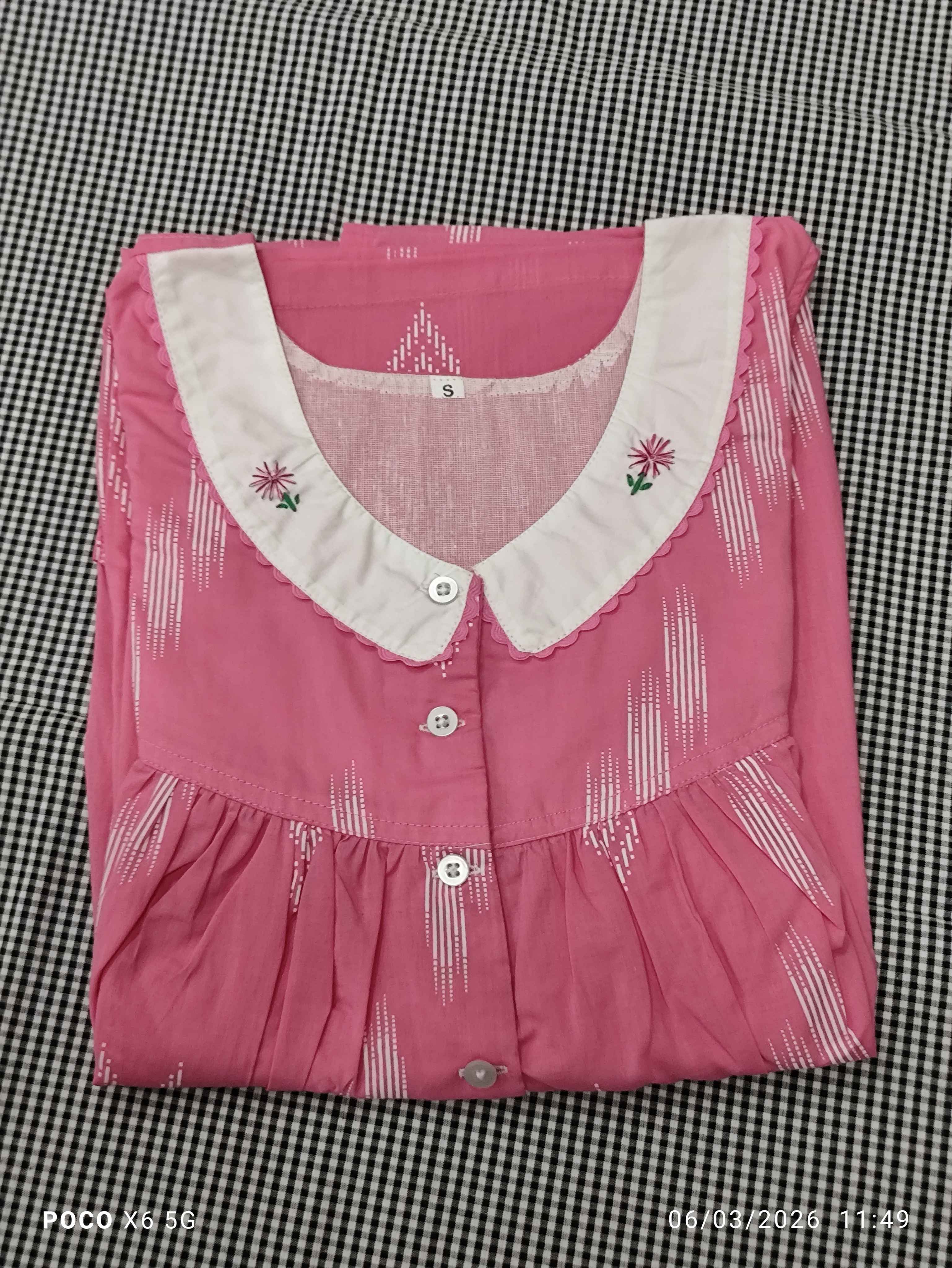 Cotton Pleated, With Pockets, Half Open Small Printed Nighty