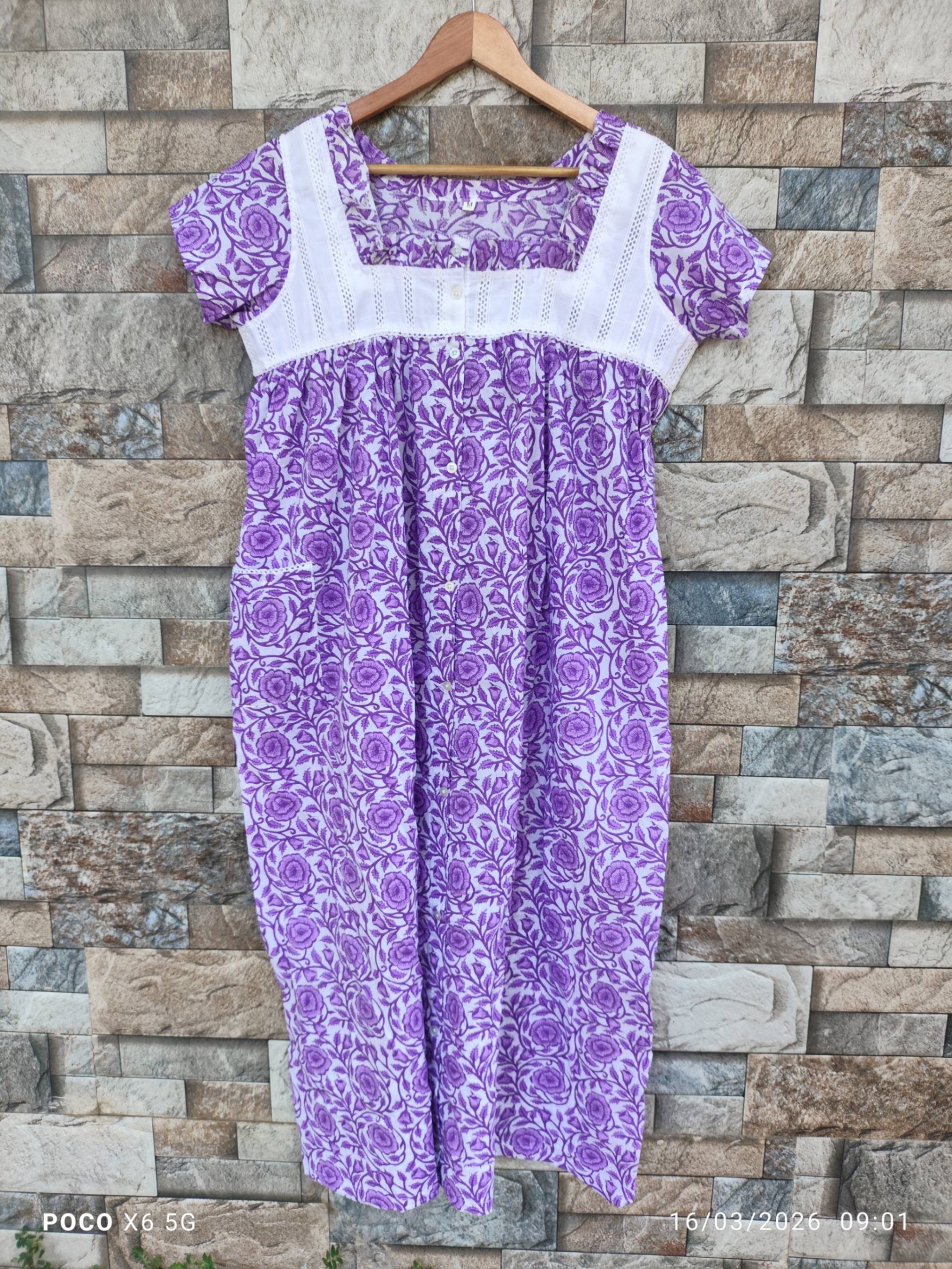 Cotton Pleated, With Pockets, Back A-line, Full Open, Side elastic Medium Printed Frock Nighty
