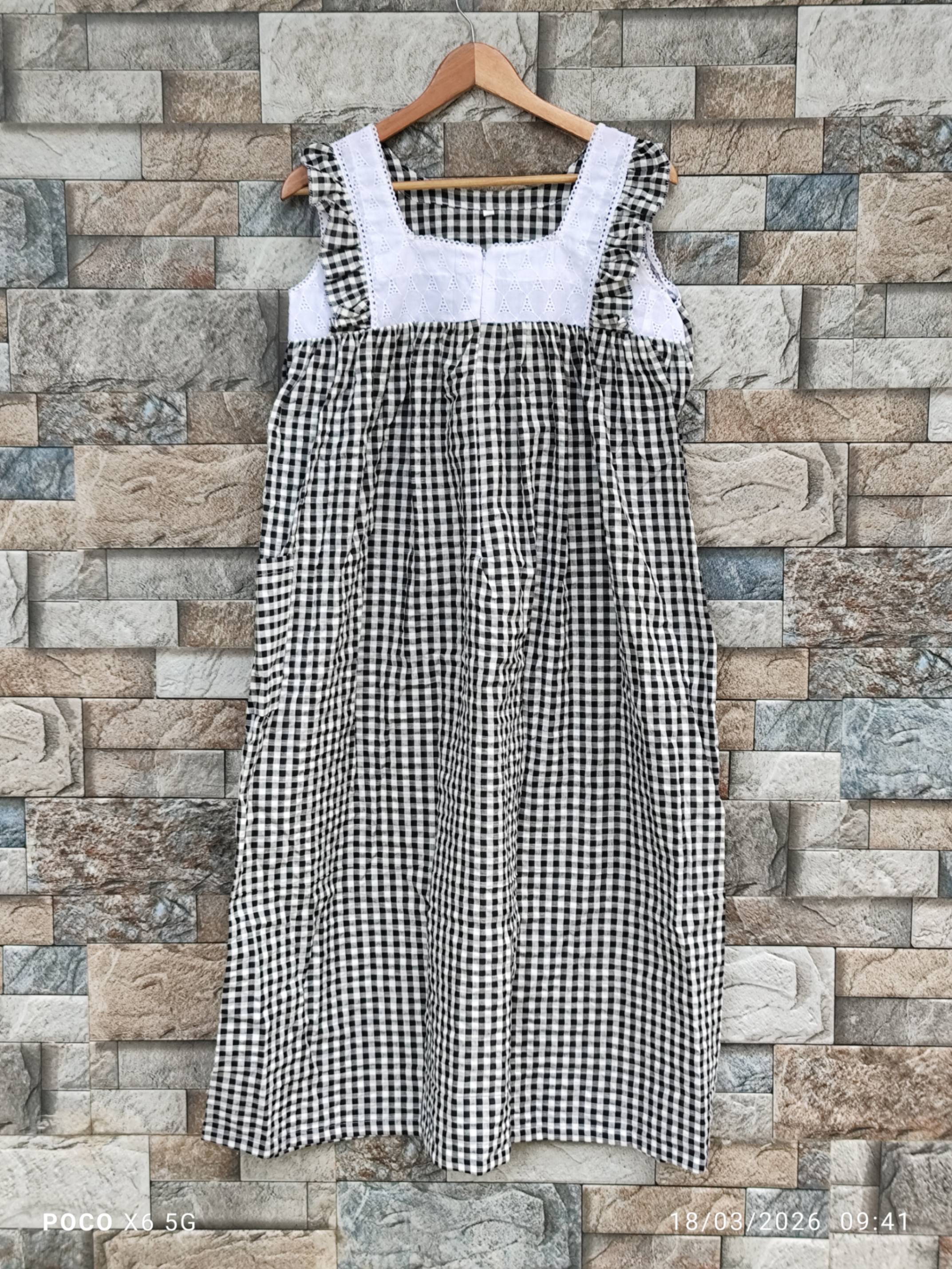 Cotton Pleated, With Pockets, Back A-line, Sleeveless, Side elastic Large Printed Frock Nighty