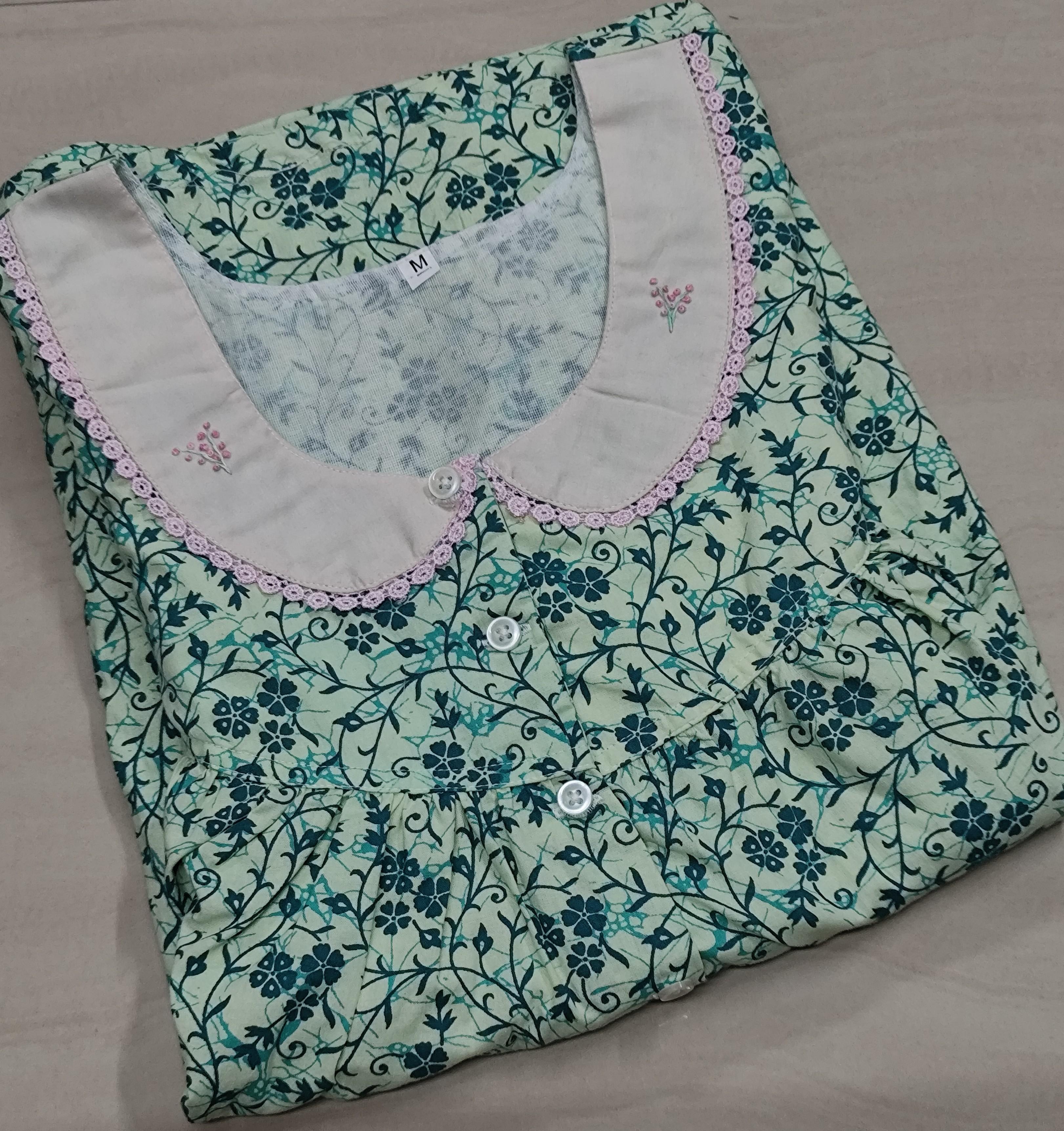 Cotton Pleated, With Pockets, Half Open Medium Printed Nighty