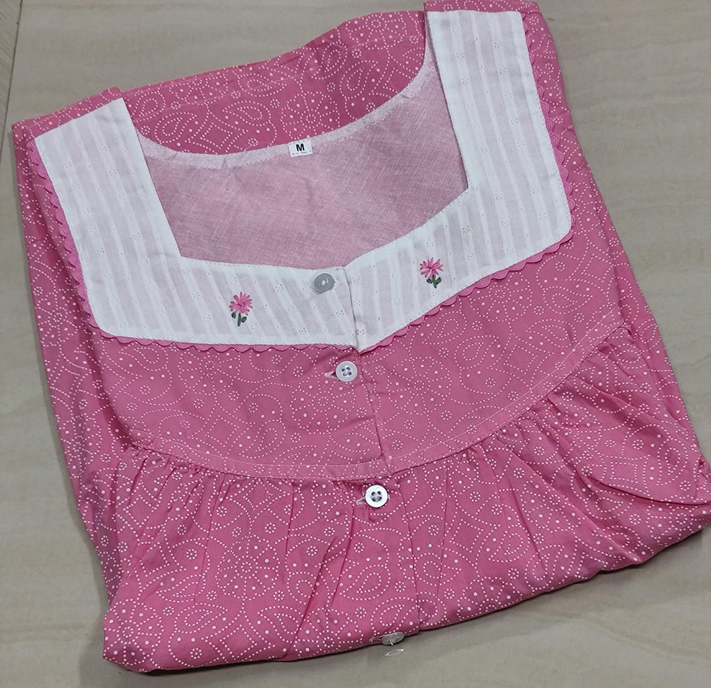 Cotton Pleated, With Pockets, Half Open Medium Printed Nighty