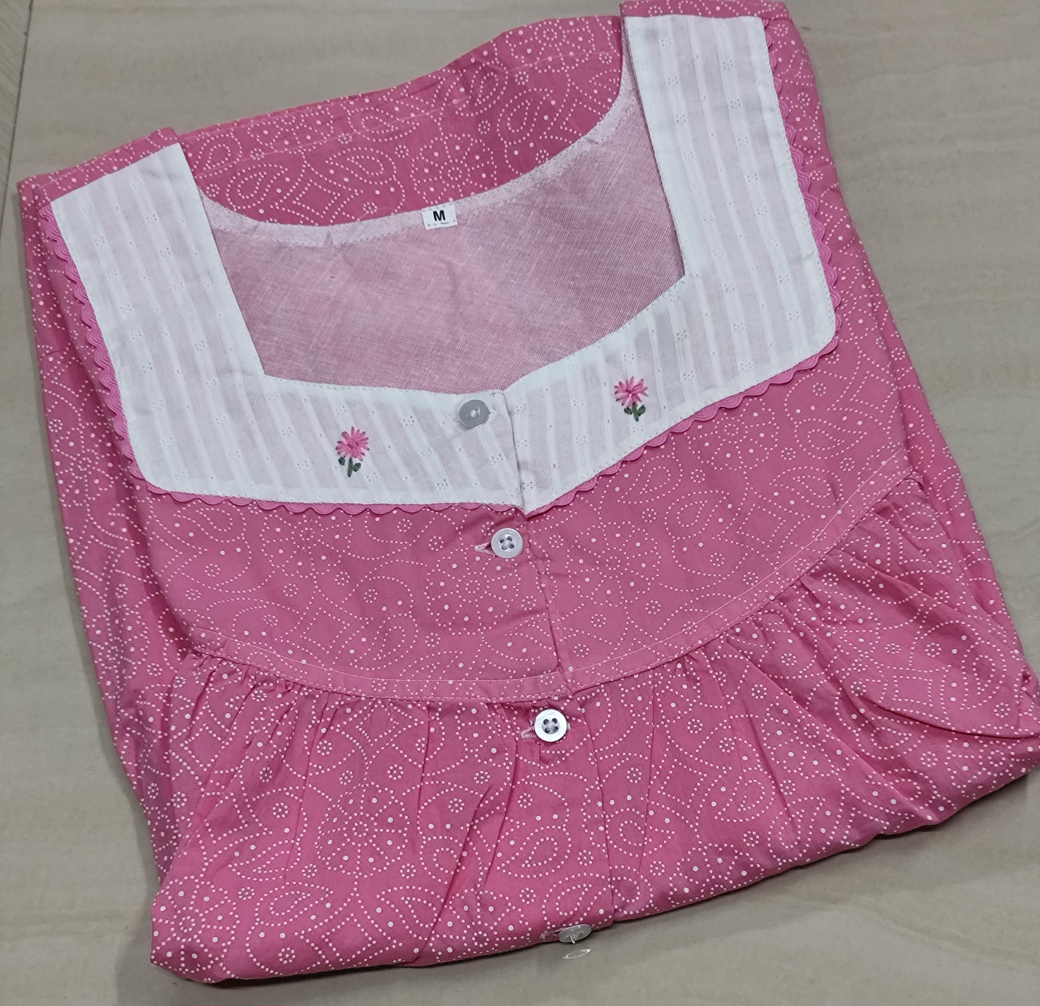 Cotton Pleated, With Pockets, Half Open Medium Printed Nighty