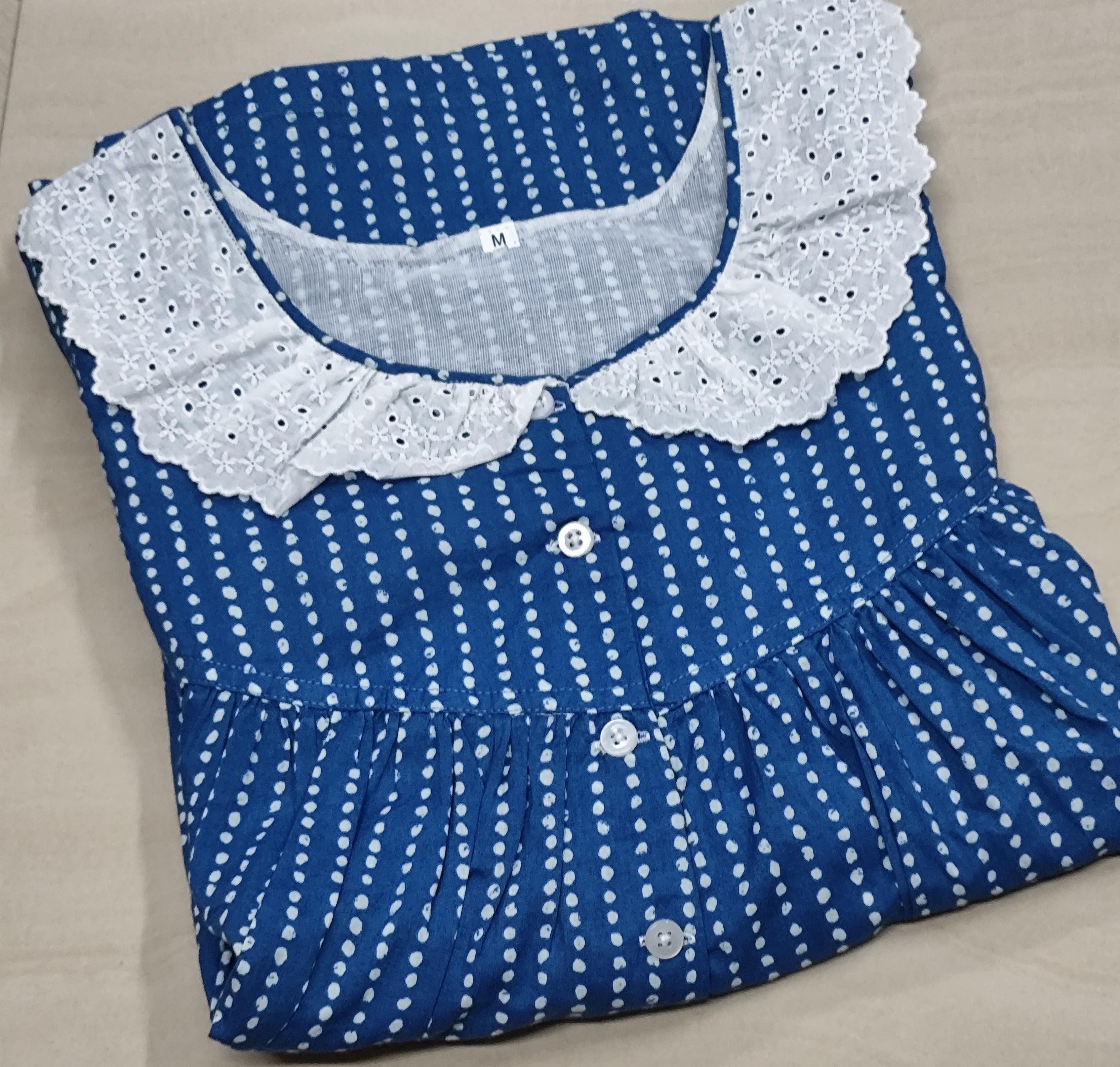 Cotton Pleated, With Pockets, Half Open Medium Printed Nighty