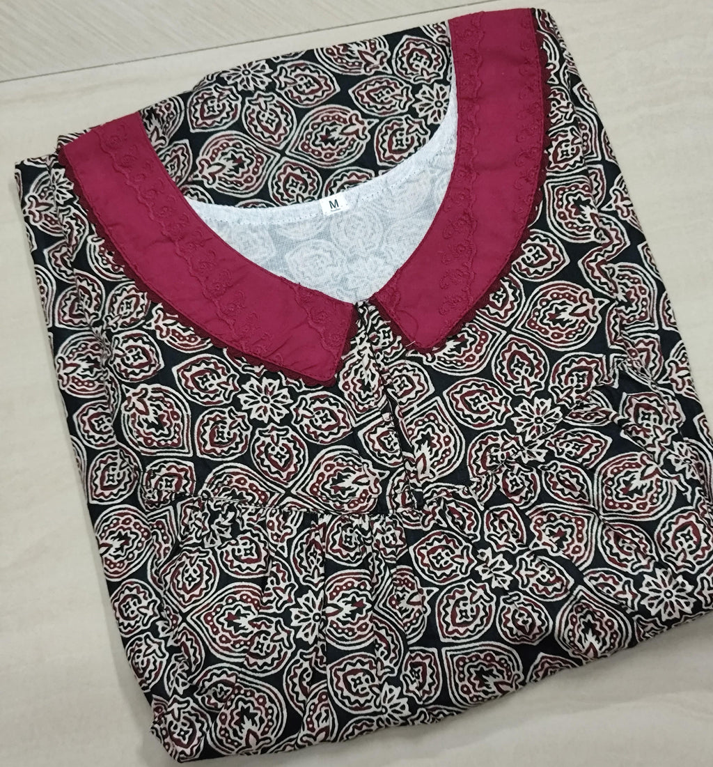 Cotton Pleated, With Pockets, No Open Medium Printed Nighty