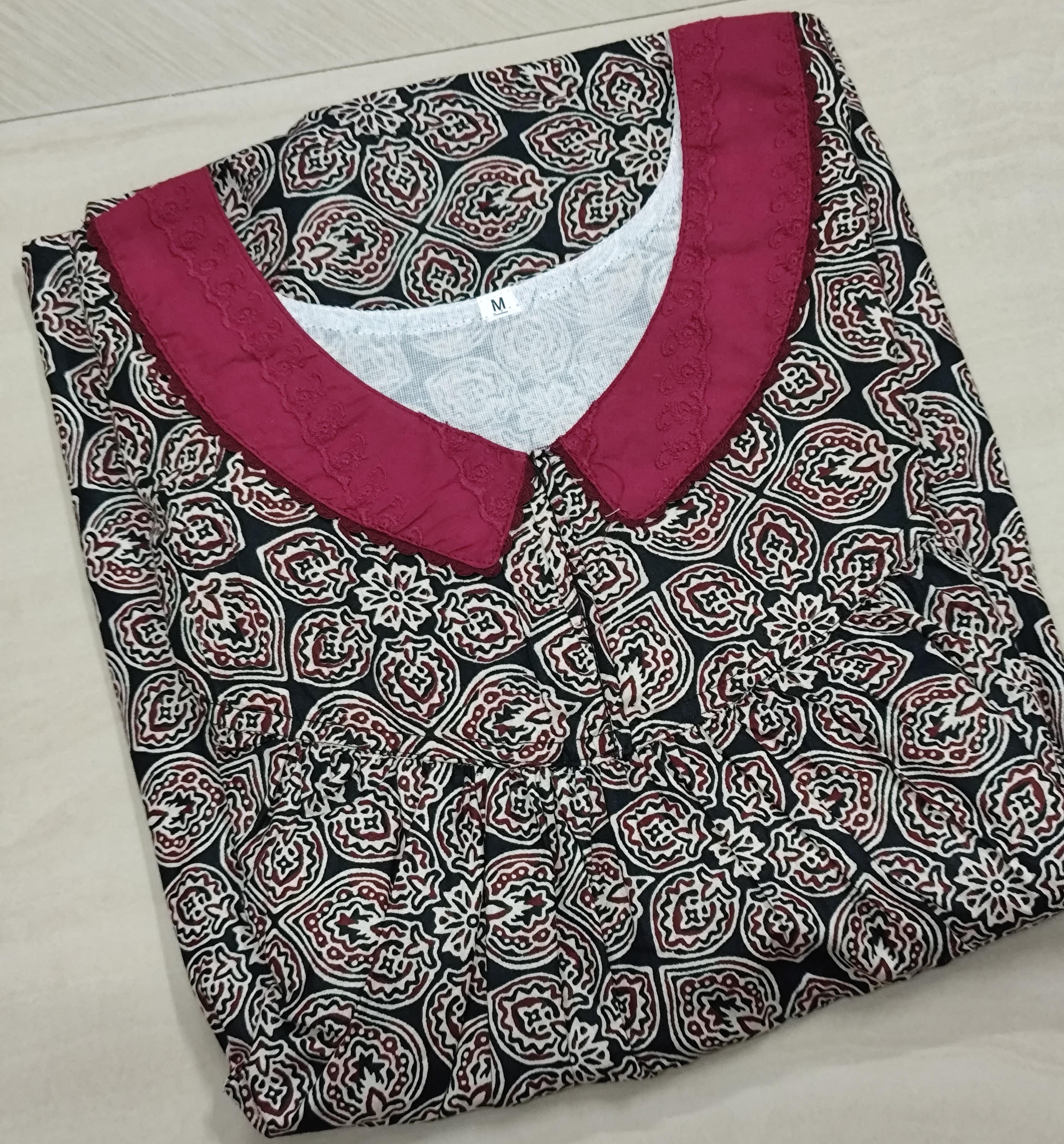 Cotton Pleated, With Pockets, No Open Medium Printed Nighty
