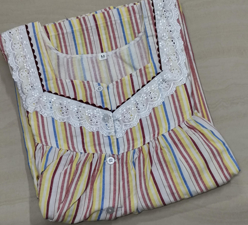 Cotton Pleated, With Pockets, Half Open Medium Printed Nighty