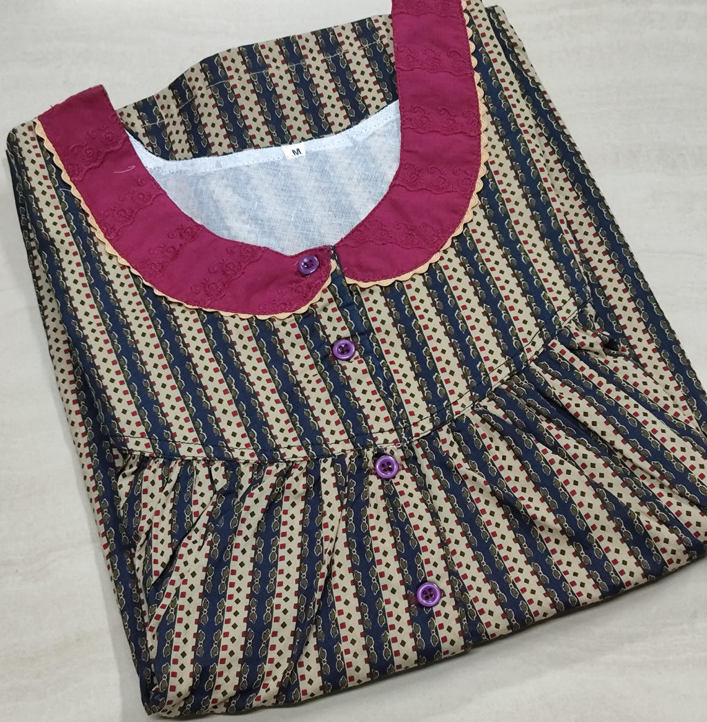 Cotton Pleated, With Pockets, Half Open Medium Printed Nighty