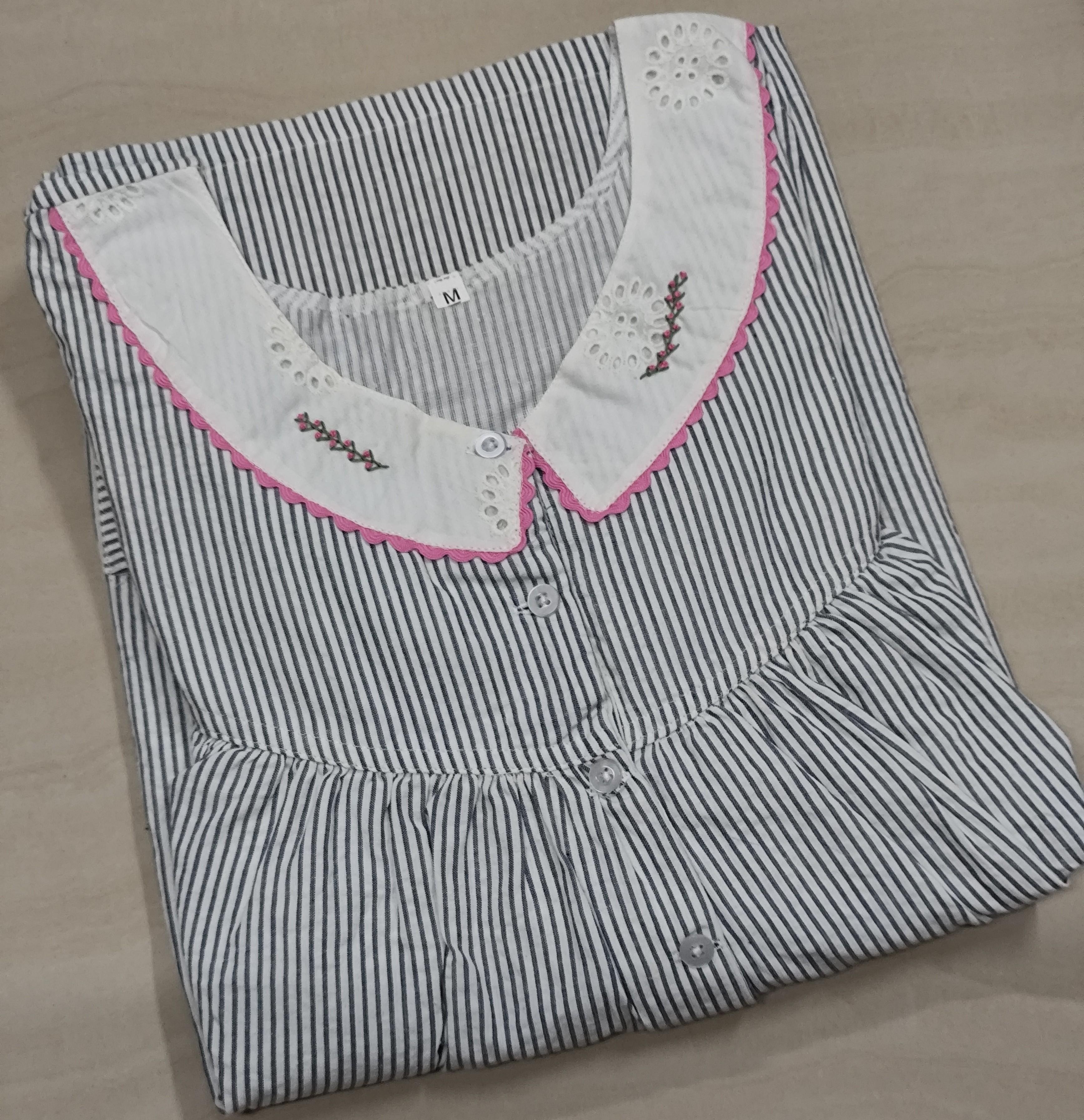 Cotton Pleated, With Pockets, Half Open Medium Printed Nighty