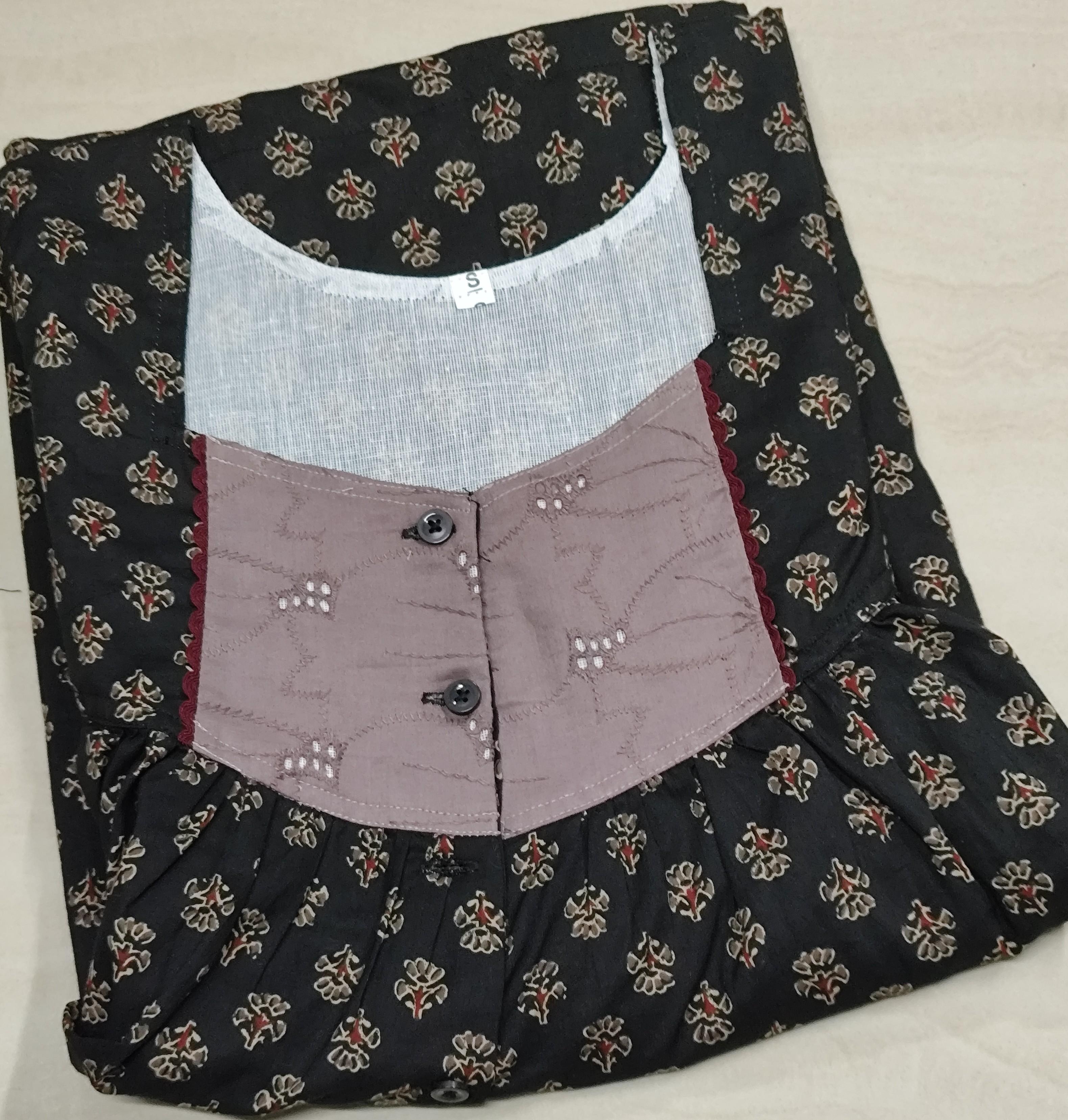 Soft Cotton Pleated, With Pockets, Half Open Small Printed Nighty
