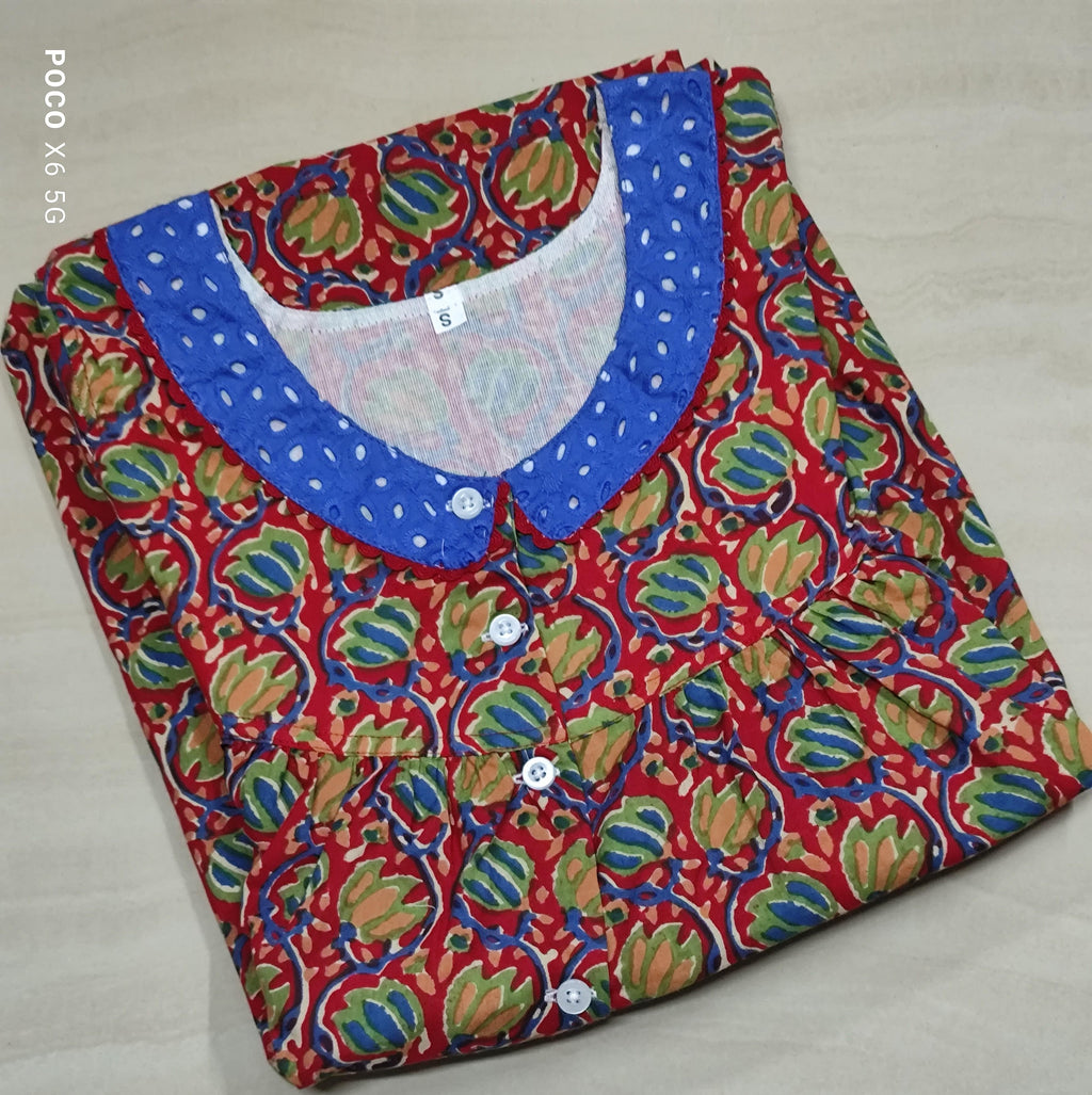 Soft Cotton Pleated, With Pockets, Half Open Small Printed Nighty